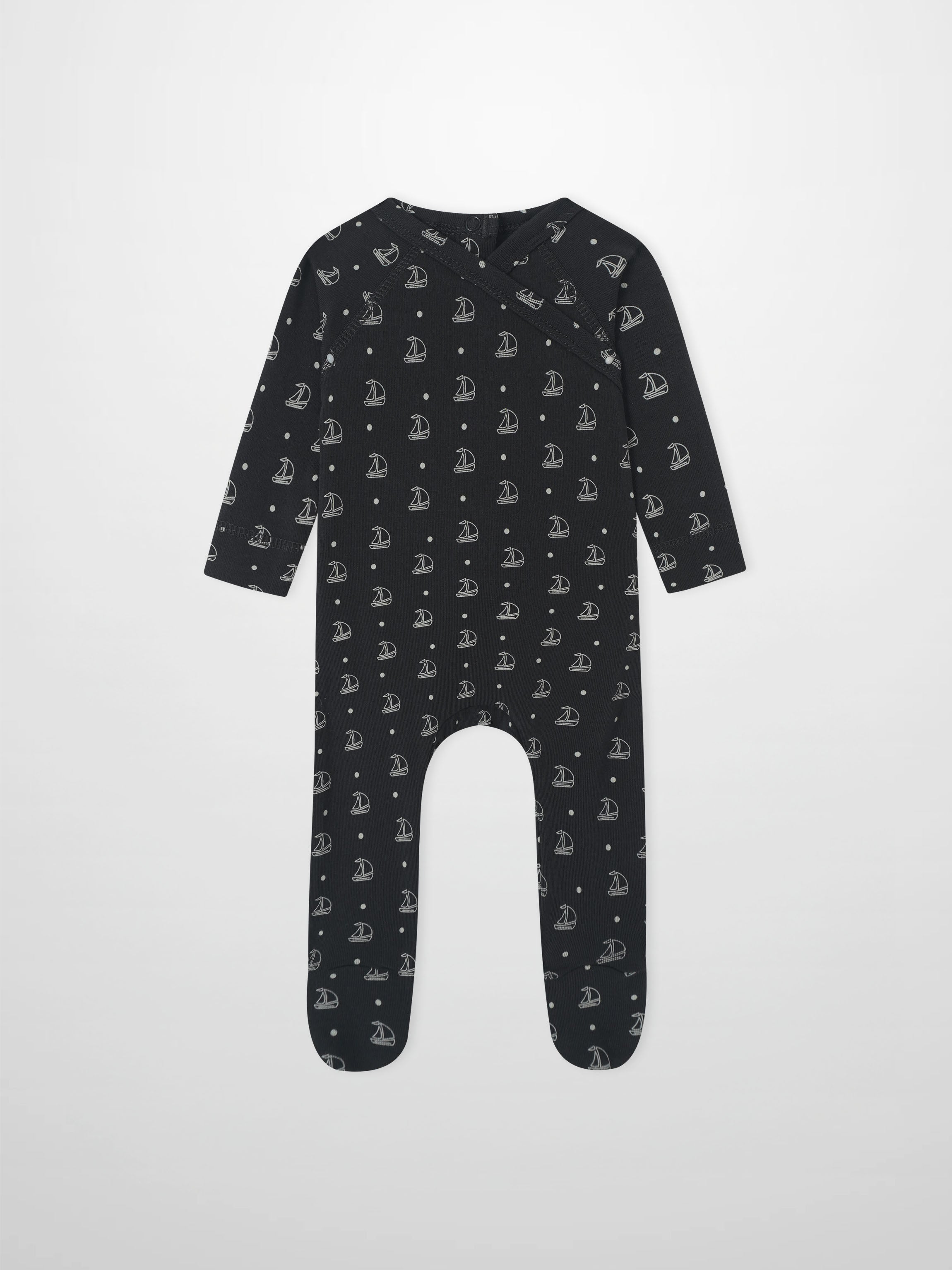 Harbor Dot Stretchy boys stretchies by Adee in navy with white sailboat pattern.