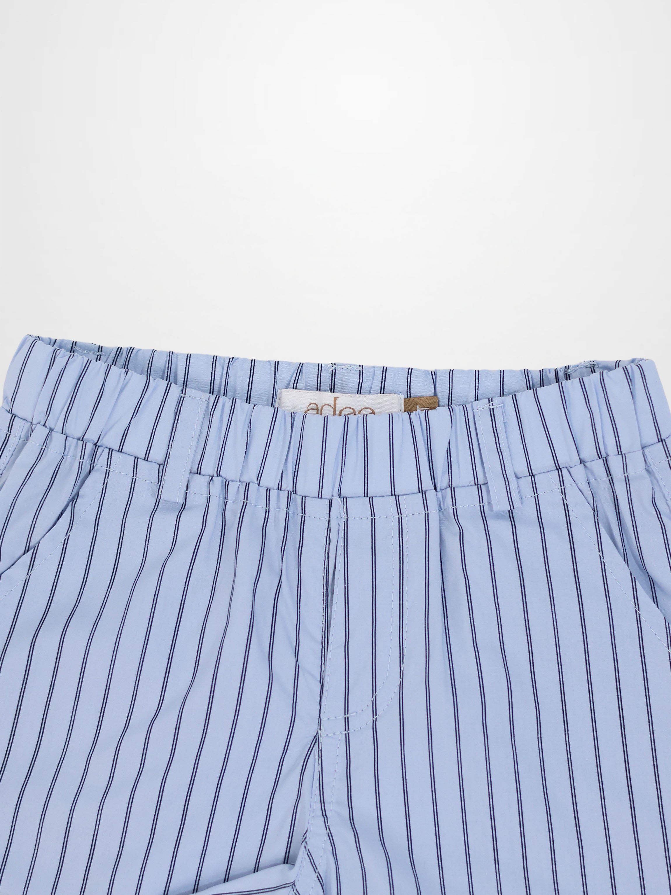 Striped cotton shorts for boys by Adee, blue with dark vertical stripes and elastic waistband.