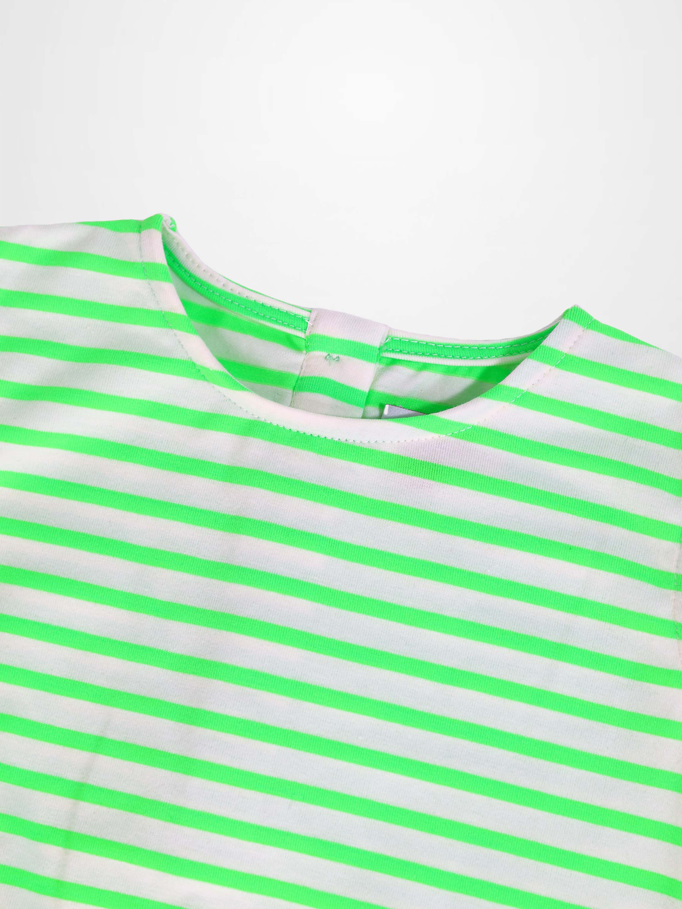 Neon Green Striped Romper for boys by Adee; close-up neckline with bright neon stripes