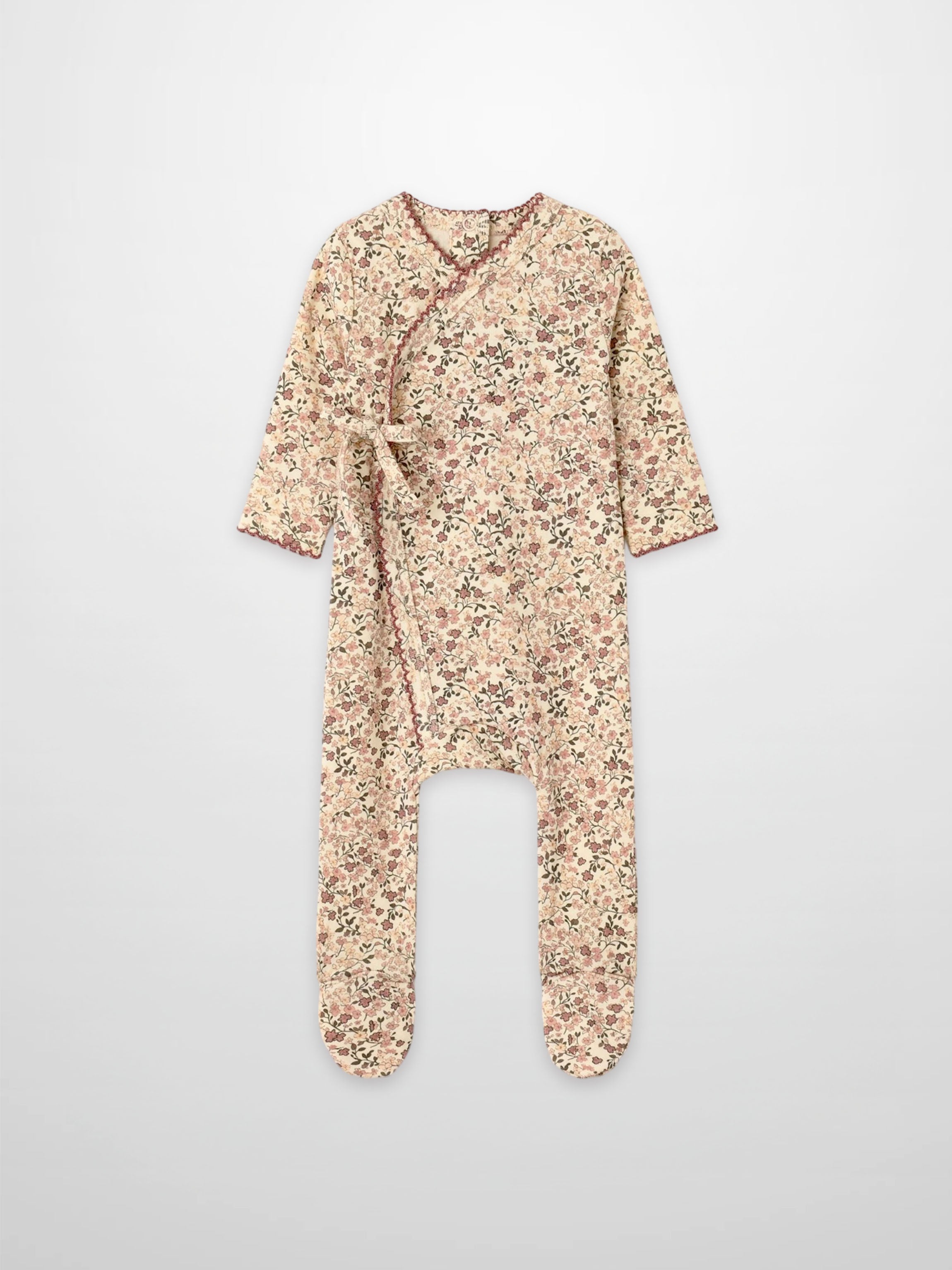 Purple Flower Stretchy girls romper with all-over floral print, wrap-front tie, footed, Adee