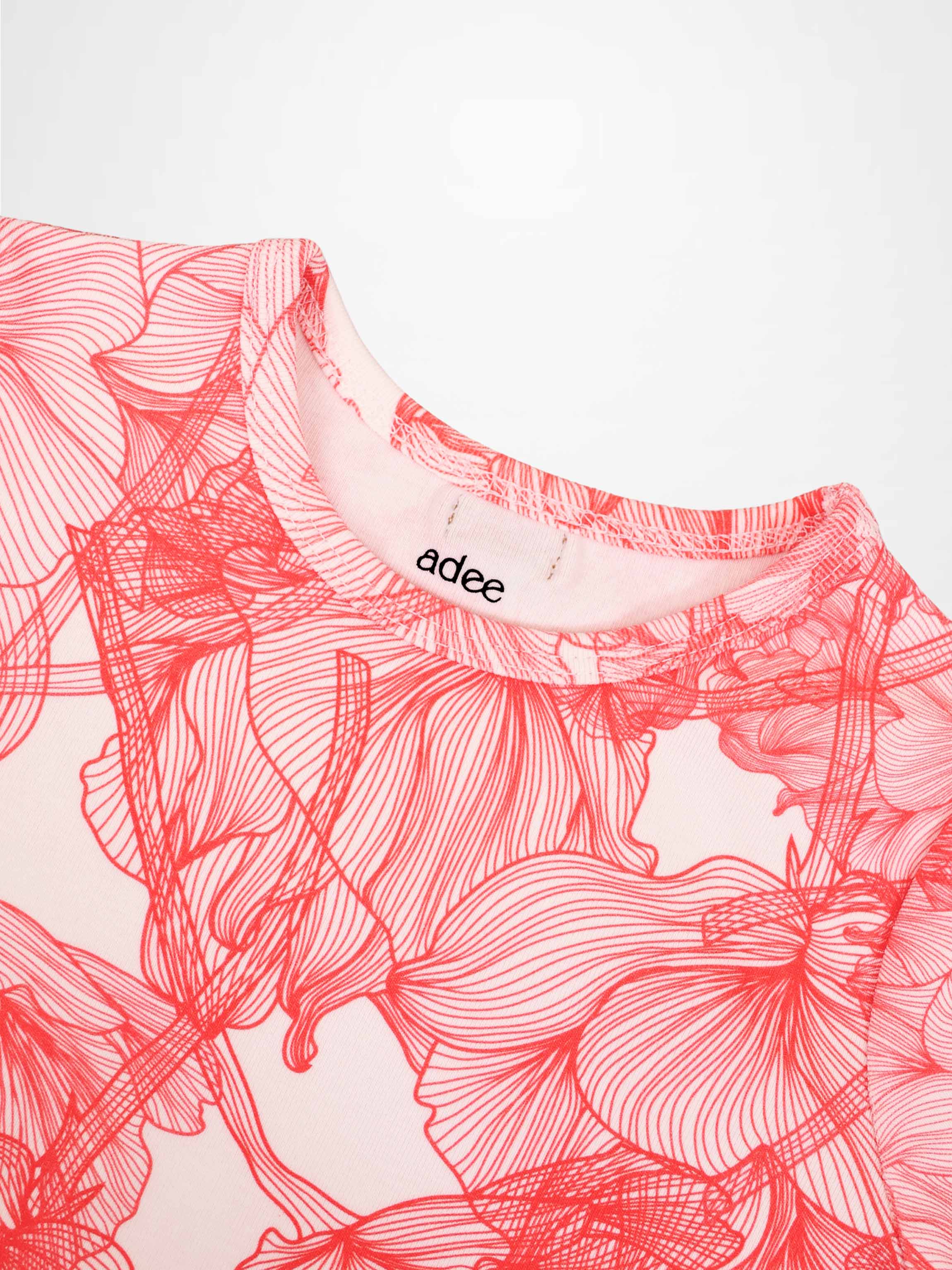 Pink Petal Short Sleeve T-shirt for girls by Adee with red floral pattern.