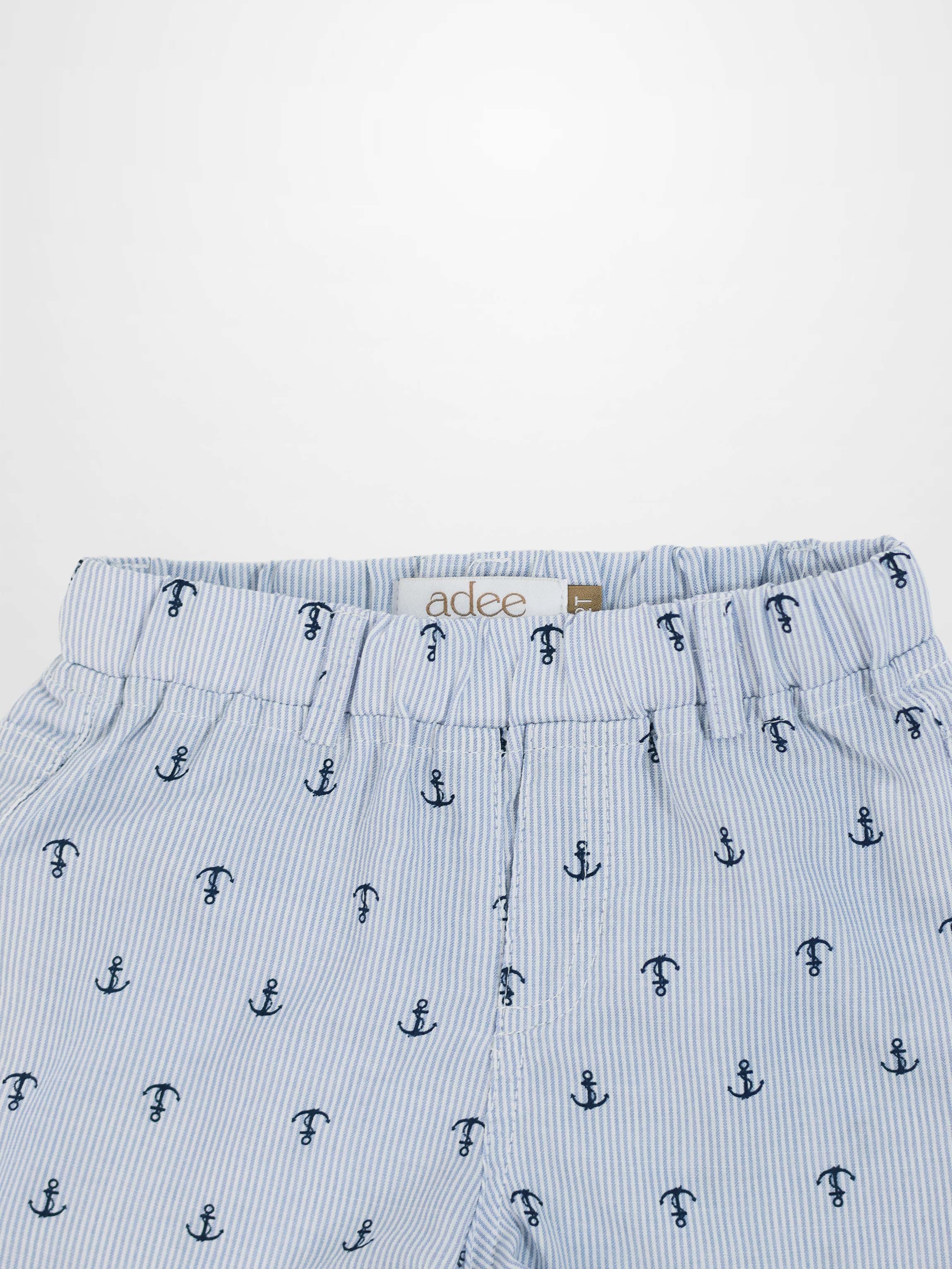 Anchor Shorts in light blue stripes with navy anchor print and elastic waistband.