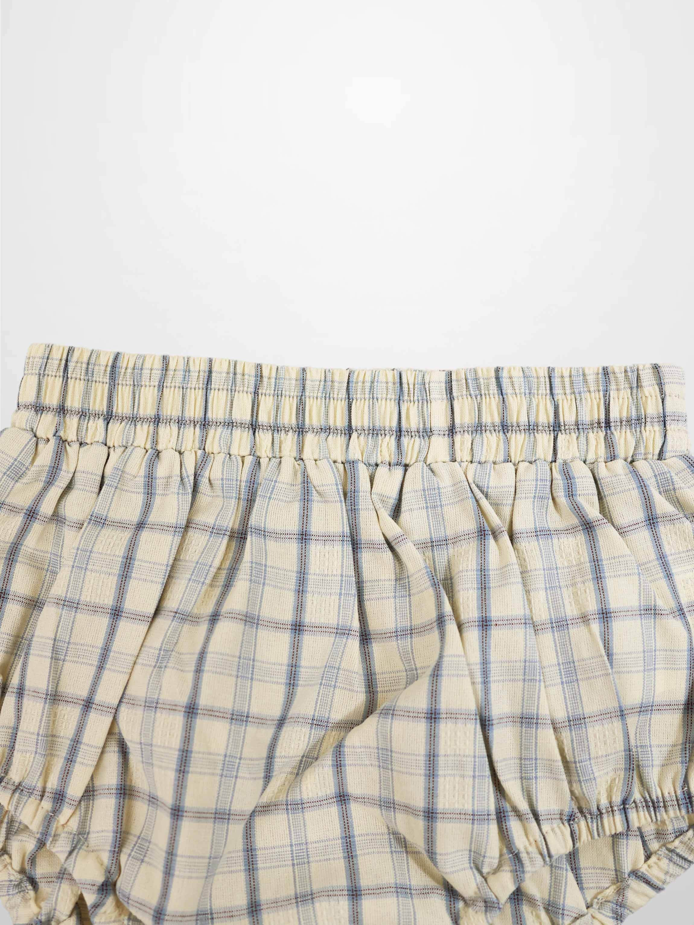 Plaid Bloomers for boys, beige and blue plaid with elastic waistband