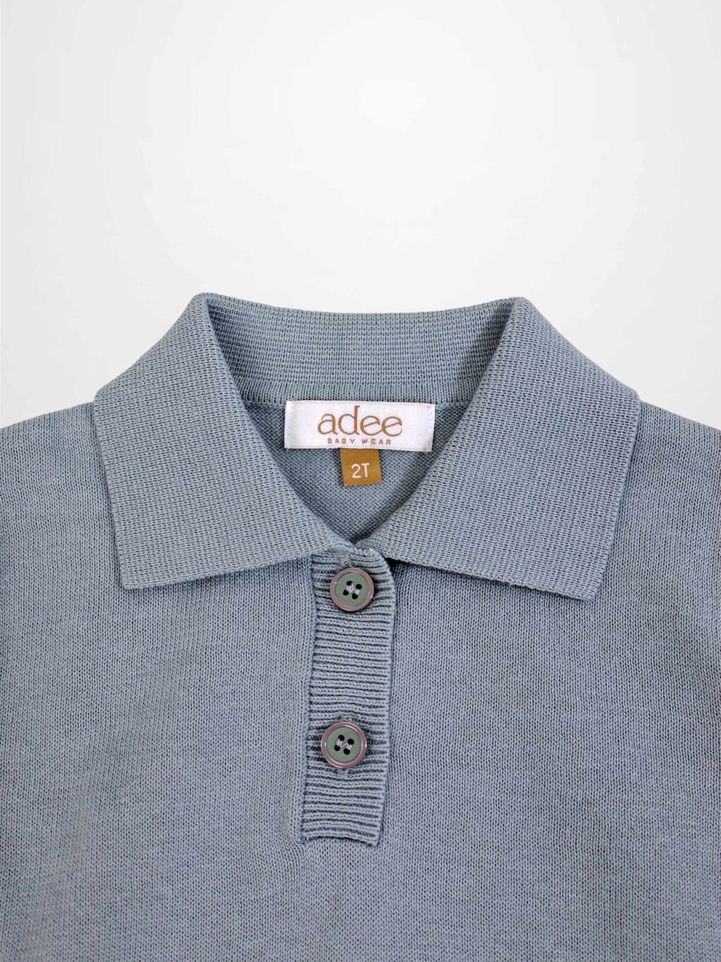 Light blue knit sweater with polo collar and two-button placket, size 2T.