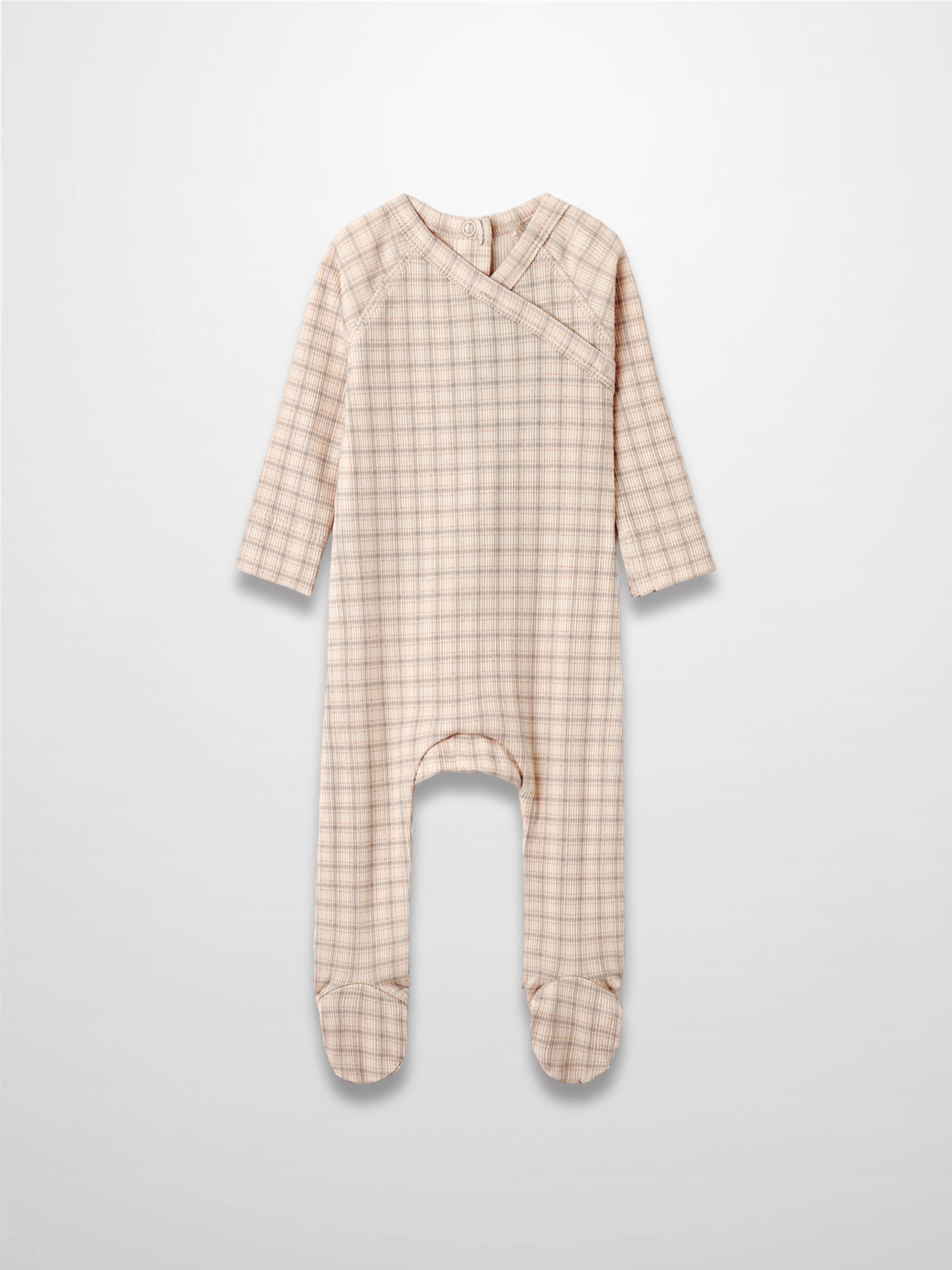 Oatmeal grid stretchy baby jumpsuit footie in blue and brown plaid, wrap neckline, footed design.