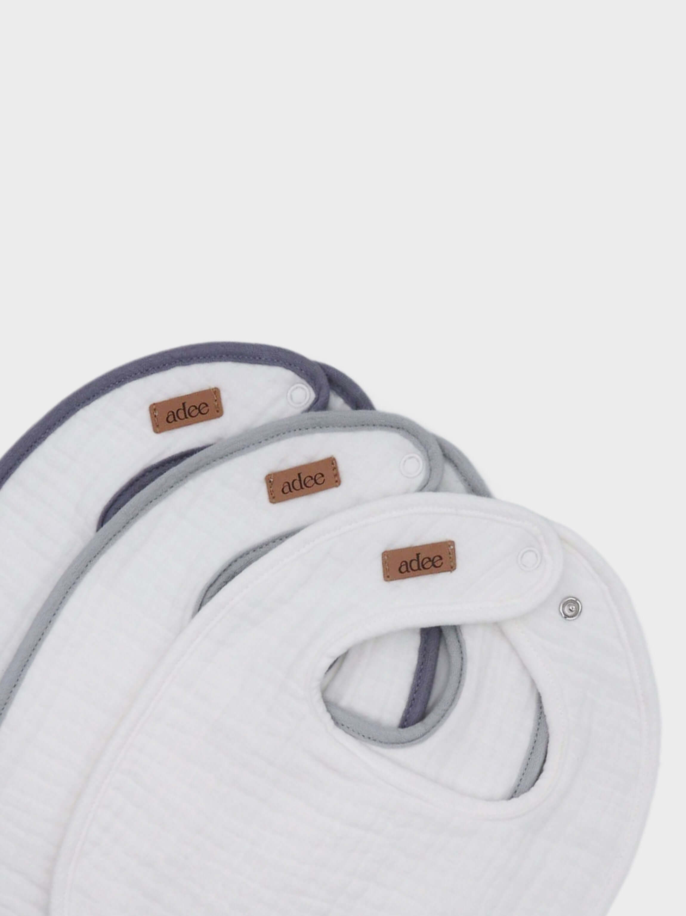 3 pack boys bibs white muslin with colored edging and snaps