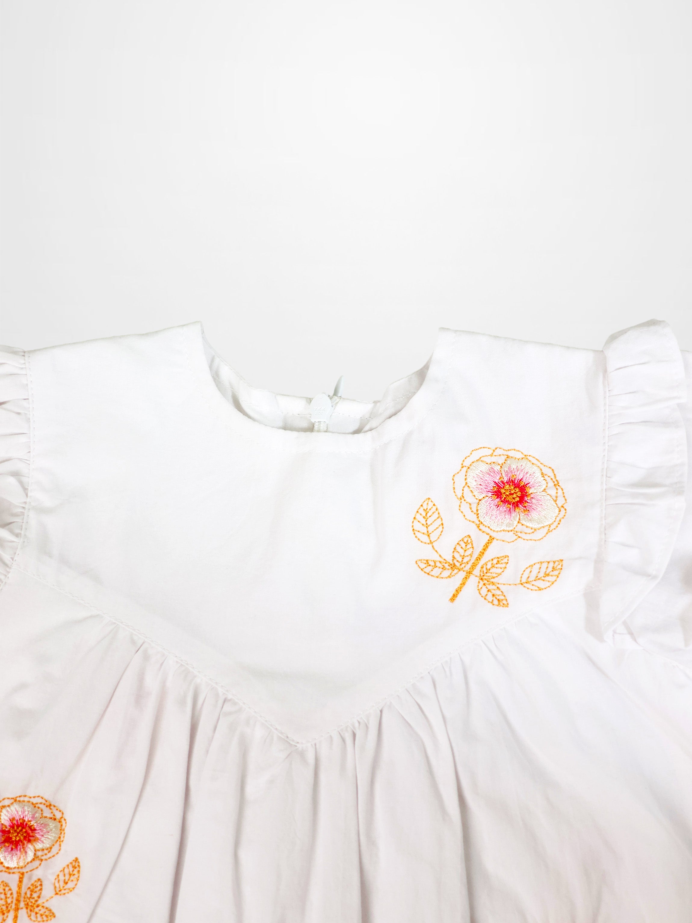 Embroidered Flower Dress - Short Sleeve, white girls dress with orange floral embroidery and ruffled sleeves