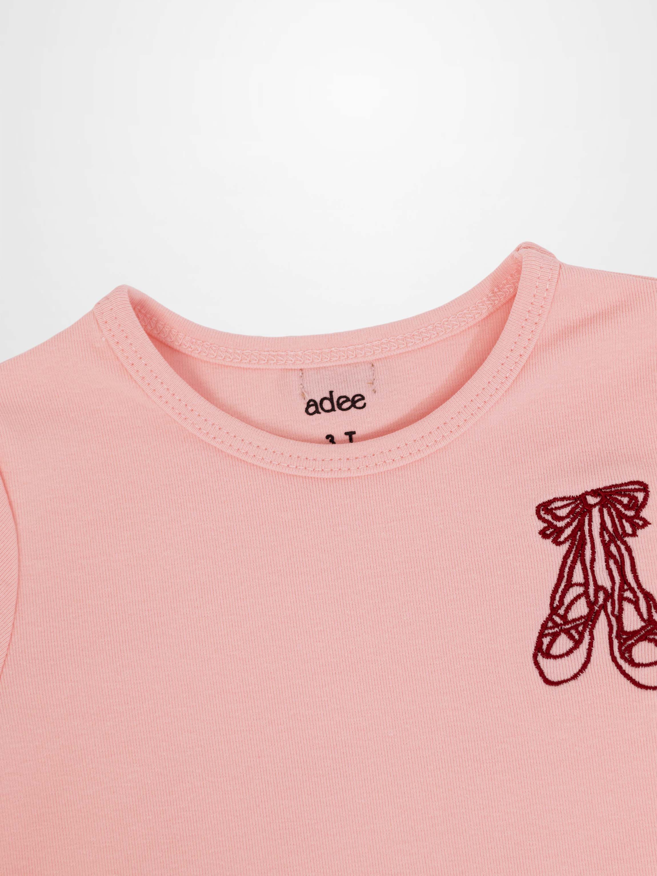 3/4 Sleeve Emblem T-shirt in light pink for girls, Adee brand with maroon ballet shoe emblem