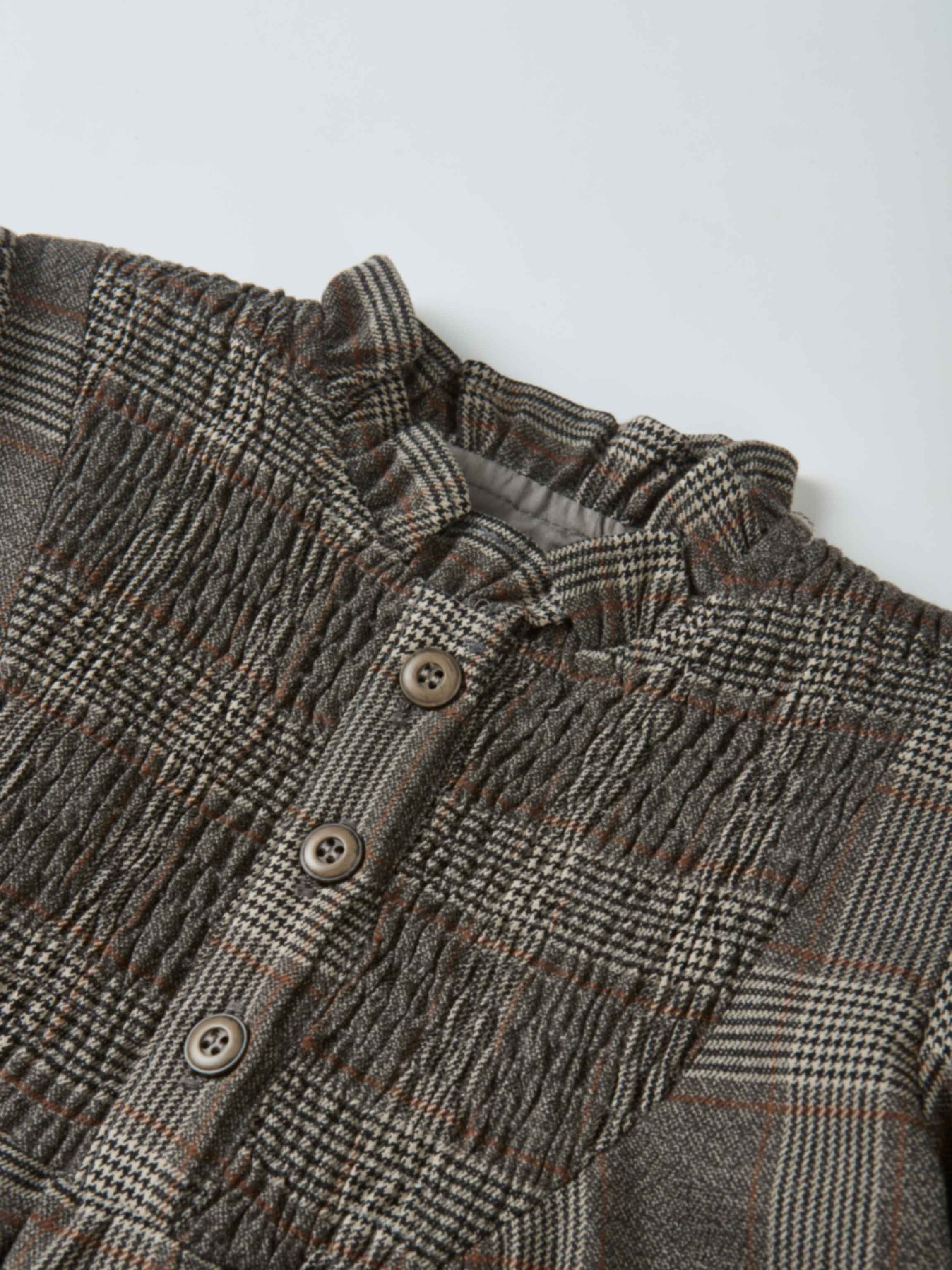 Plaid shirt and bloomers set by Adee; grey plaid fabric with brown accents and button details