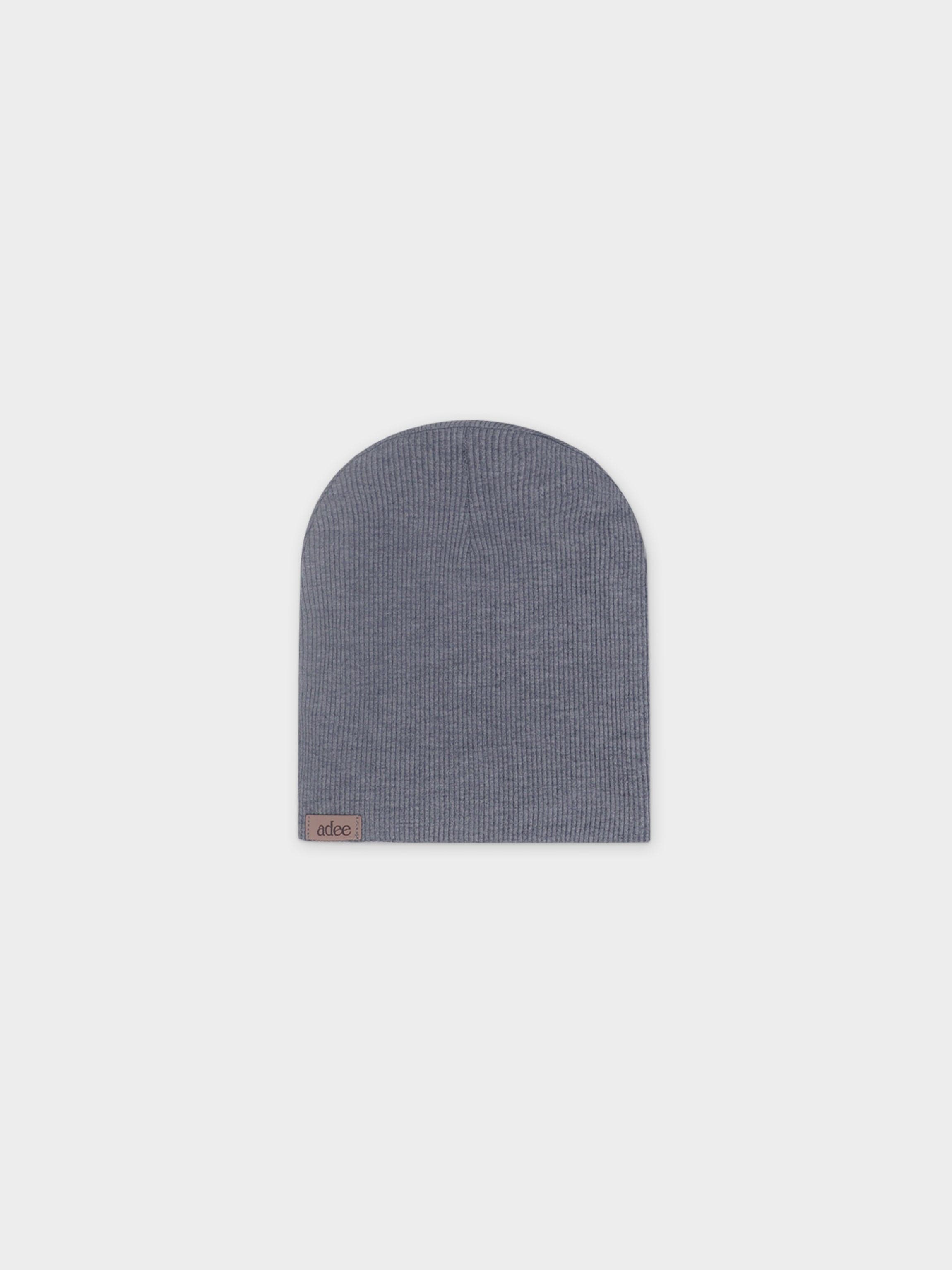 Gray knitted beanie hat.