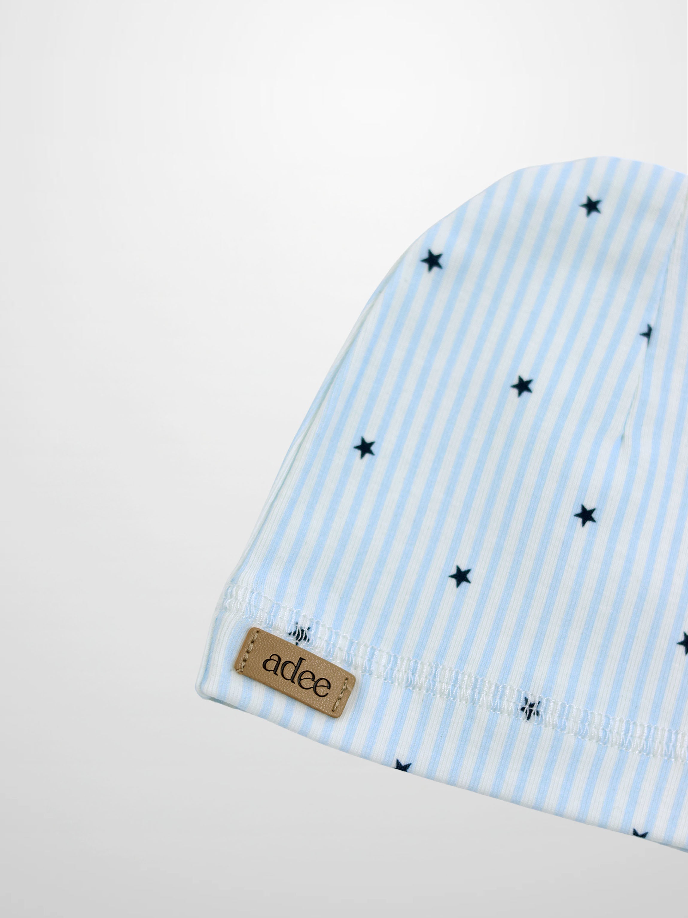 Blue Star Hat for boys, light blue and white striped with navy stars, Adee.