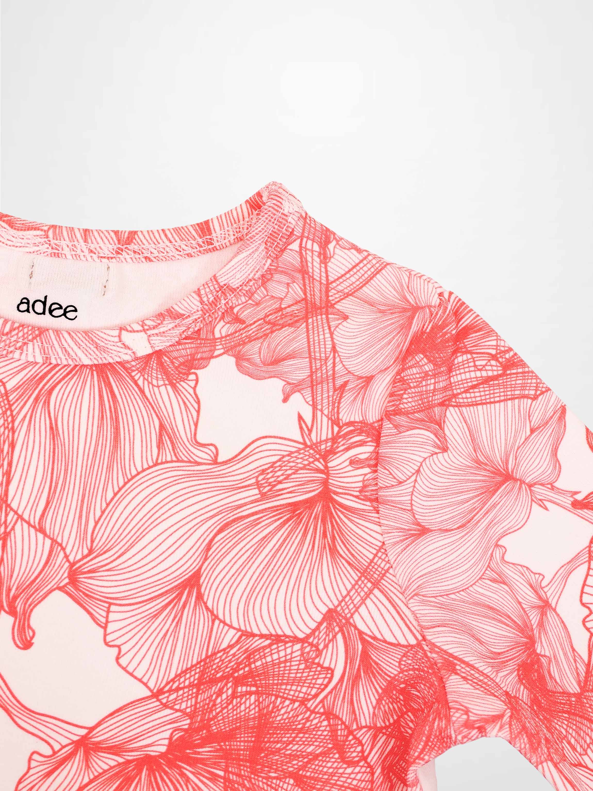 Pink Petal 3/4 Sleeve T-shirt for girls by Adee, featuring a red floral pattern.