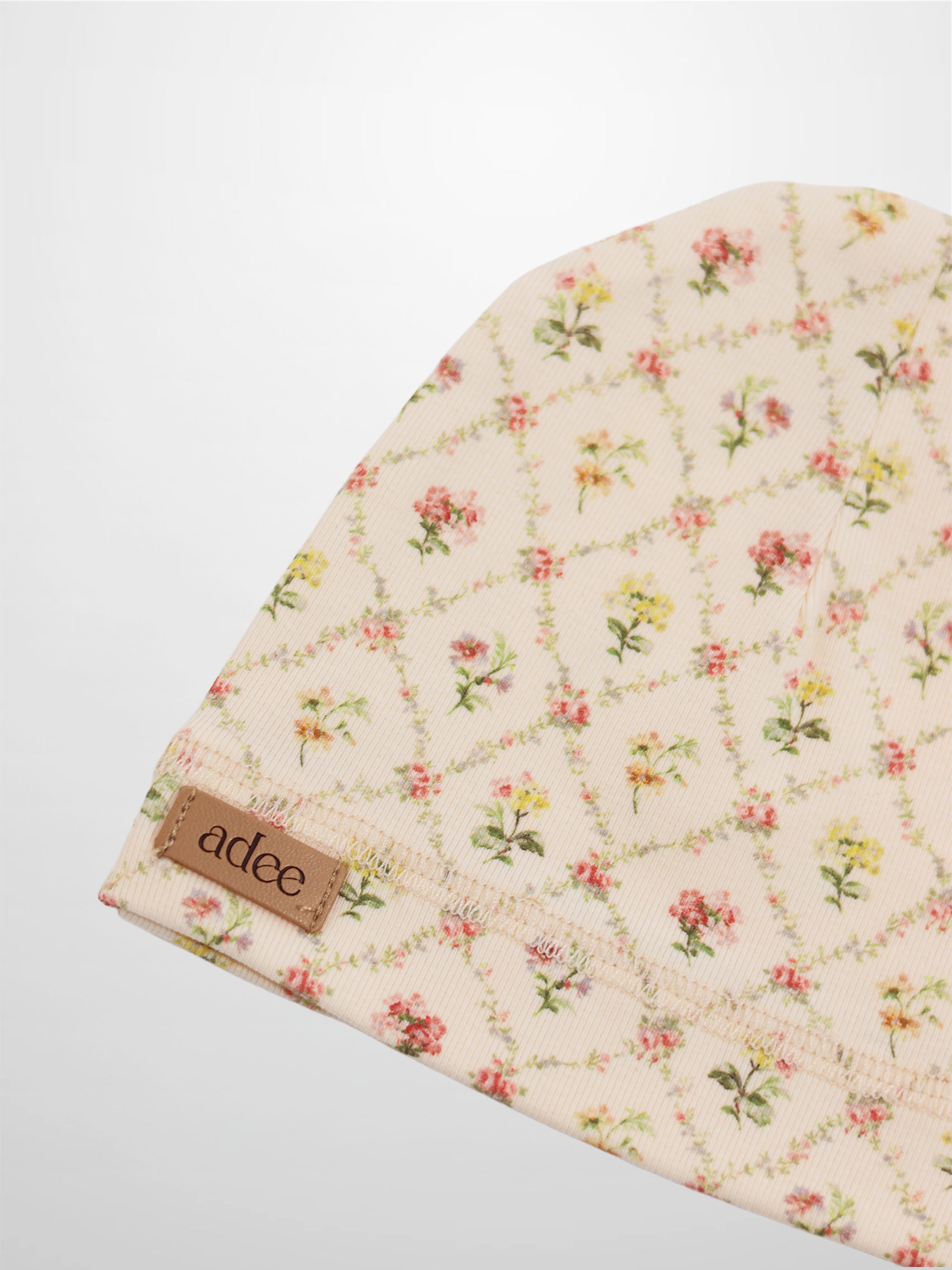 Flower Garden Hat for girls, off-white floral fabric with pink/yellow blooms, Adee label.