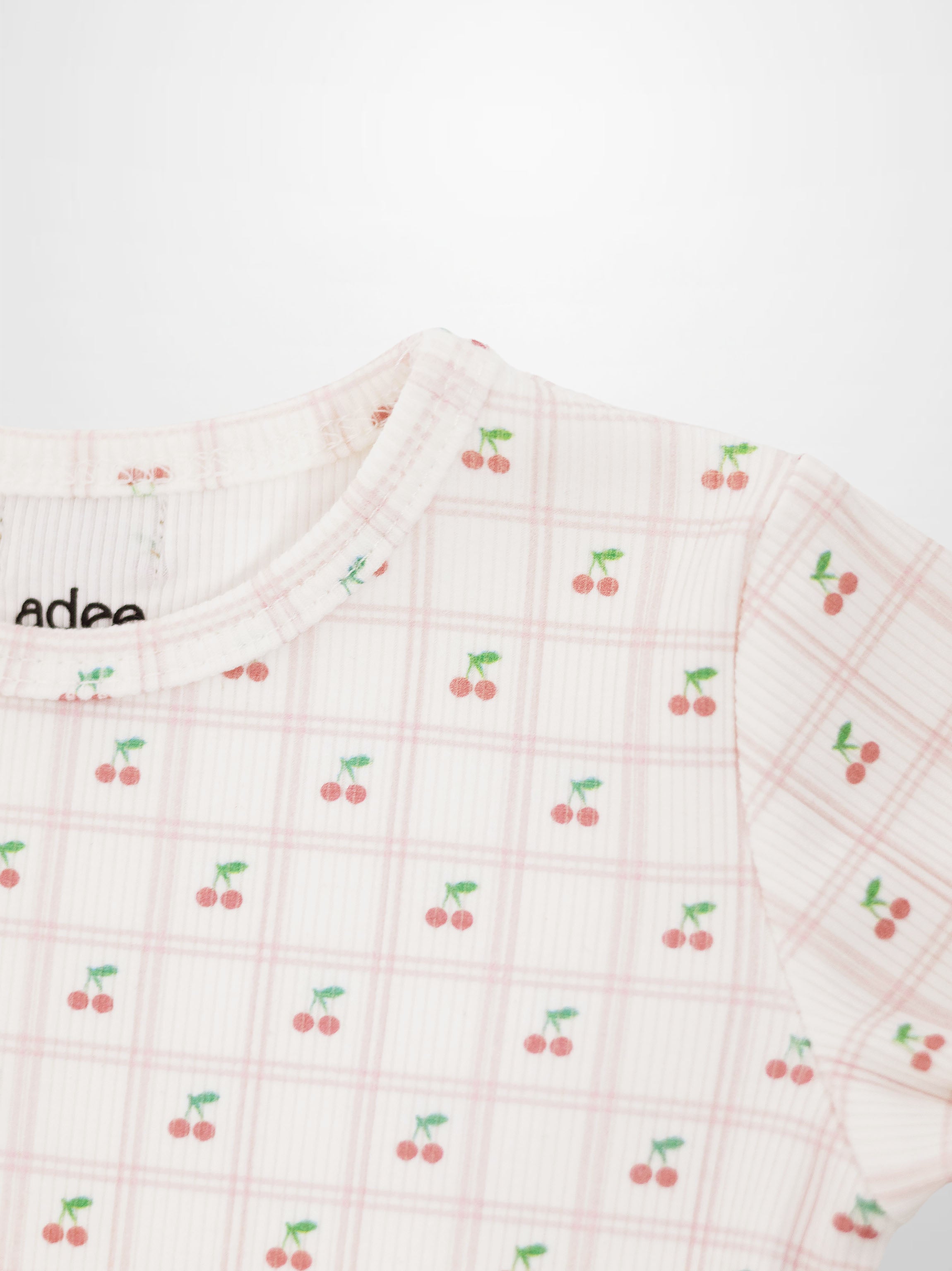 Cherry Window Pajamas for girls by Adee; light pink plaid with cherry motif