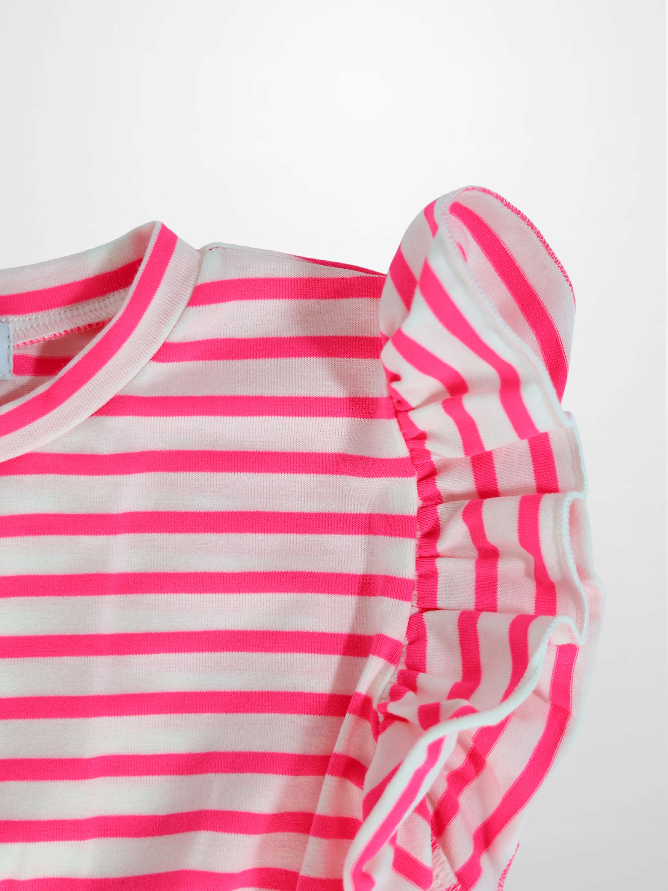 Neon Pink Striped Romper for girls with puff sleeves