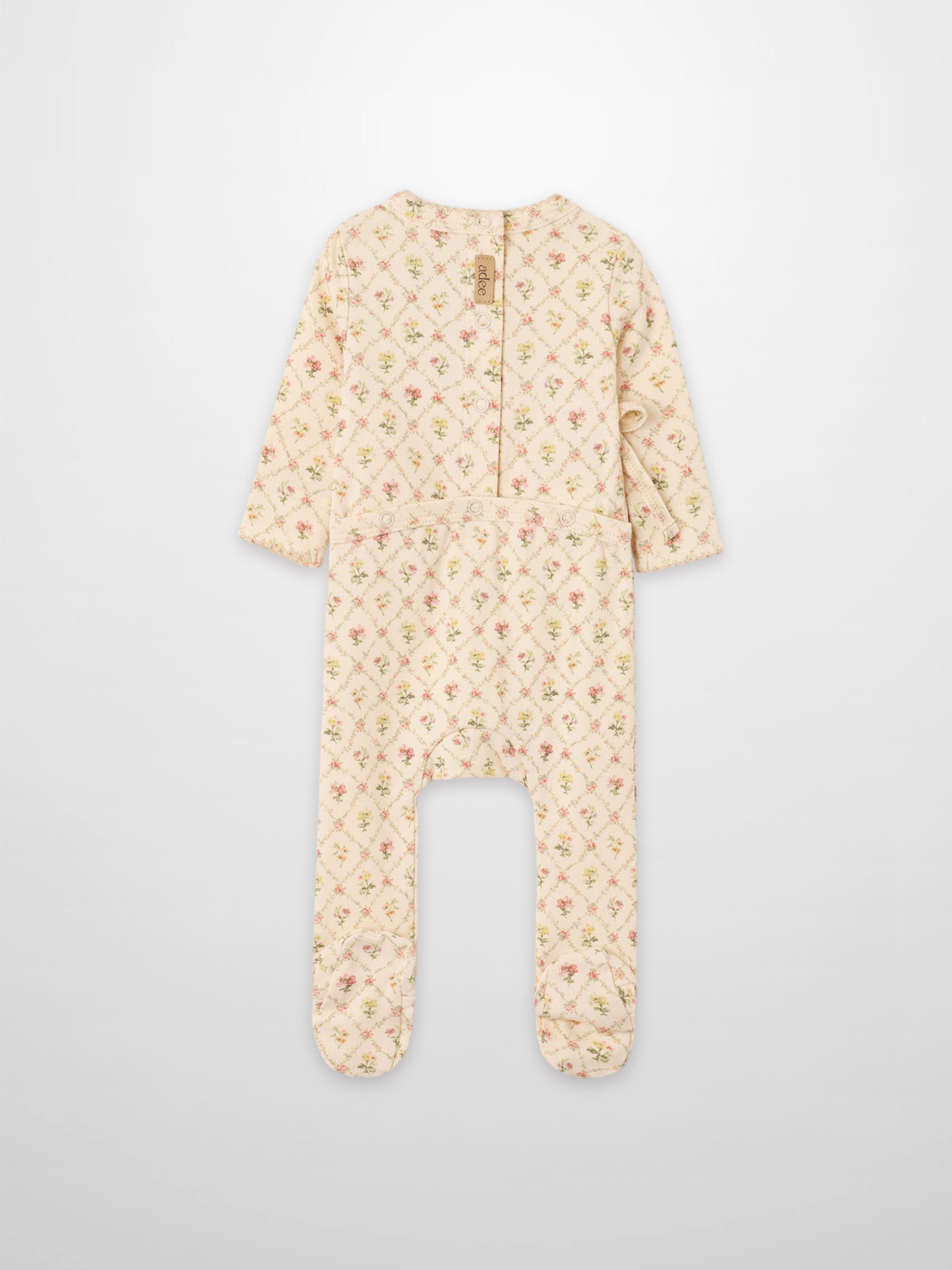 Flower Garden Stretchy girls stretchies jumpsuit in cream with pink floral lattice pattern by Adee.