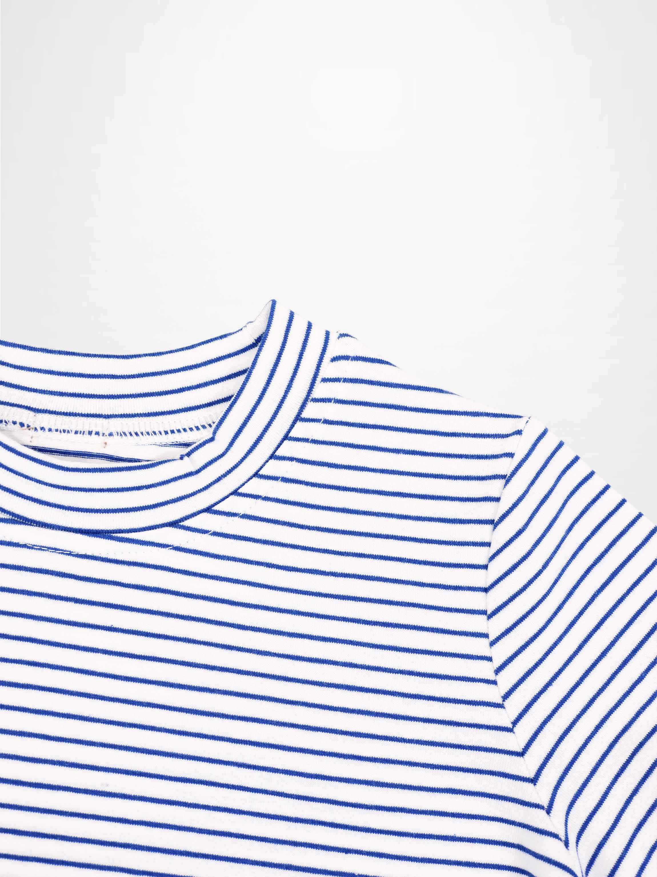 Blue Striped Boxy T-Shirt for boys, white with blue stripes, crew neck.