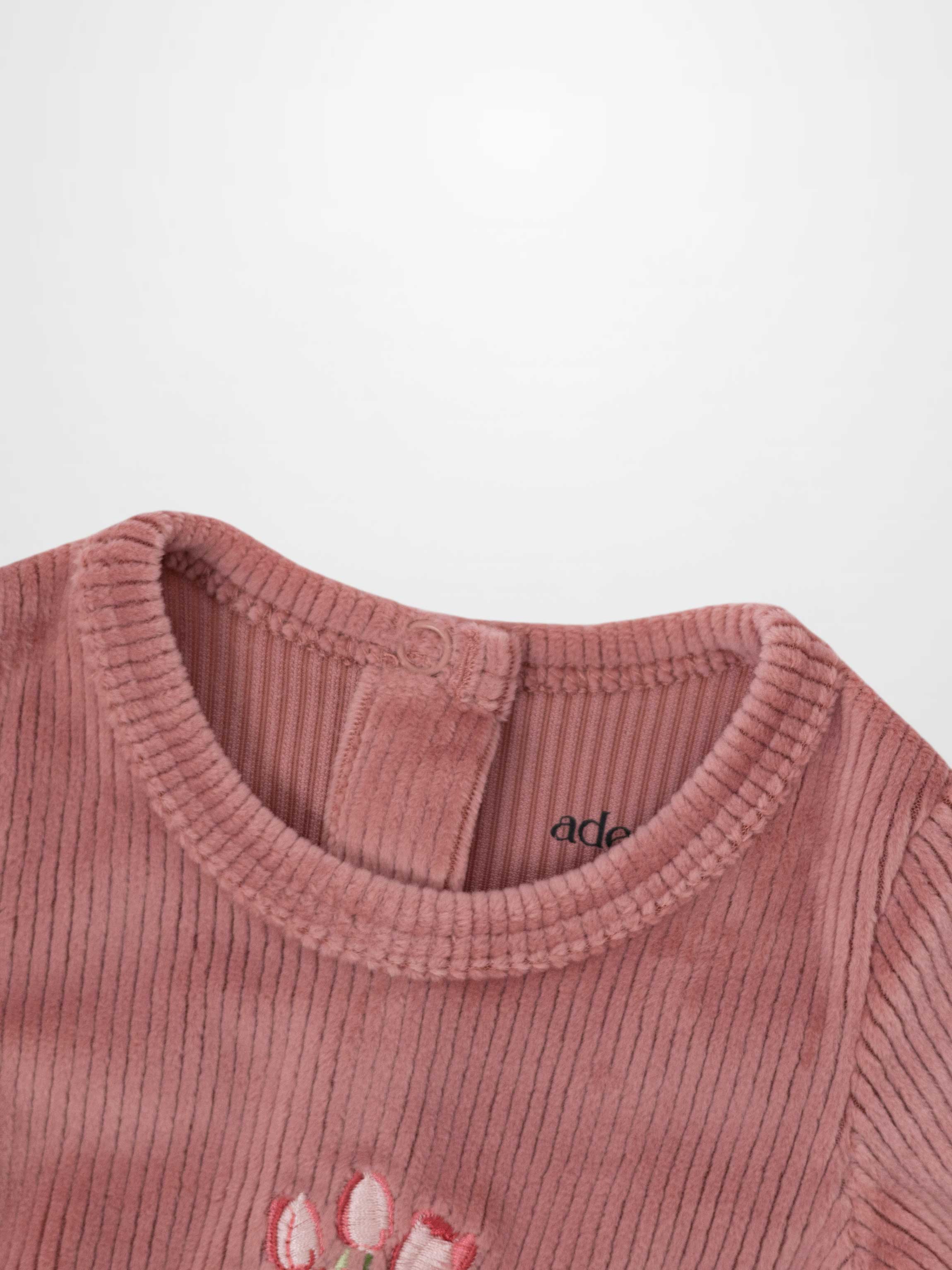 Adee pink jumpsuit with round neck and flowers embroidered