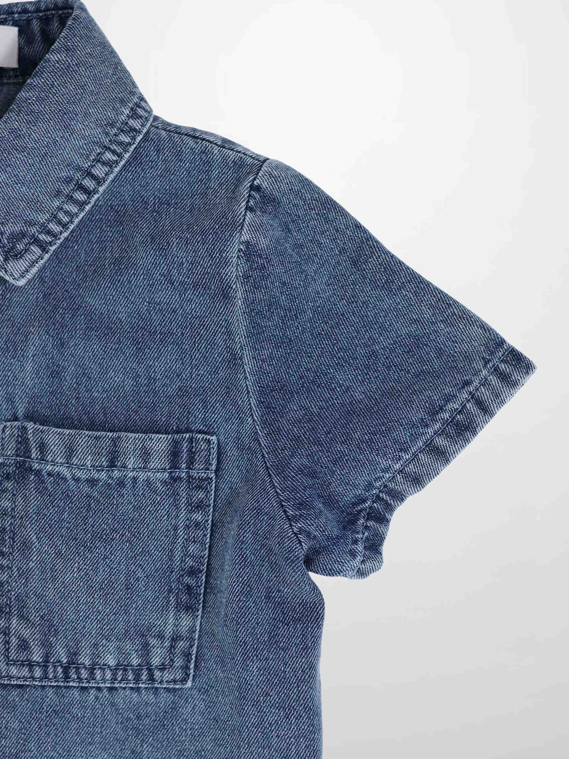 Blue denim button-down shirt by Adee for boys, with chest pocket