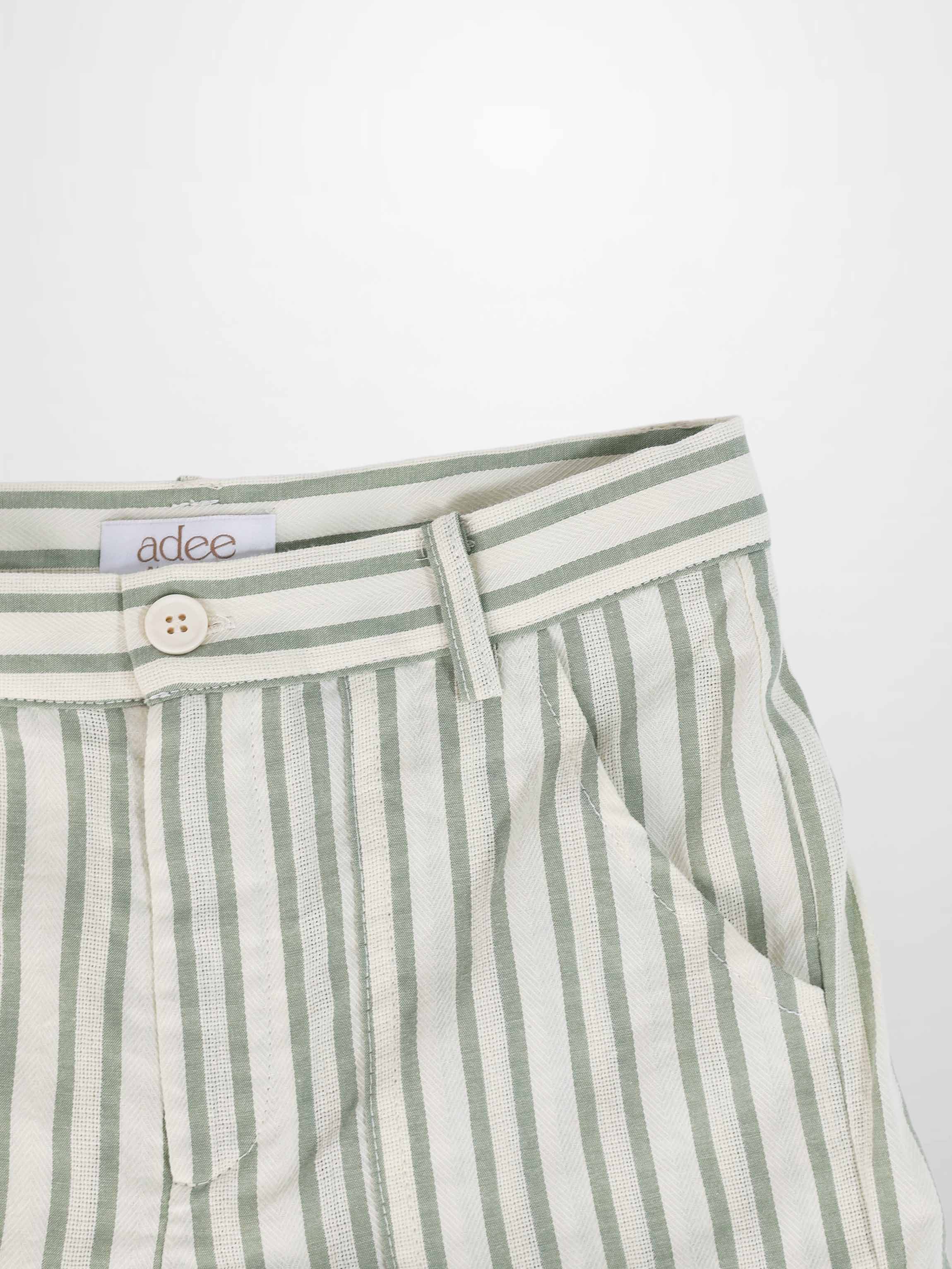 Green striped denim shorts for boys by Adee with belt-loop waistband and front button.