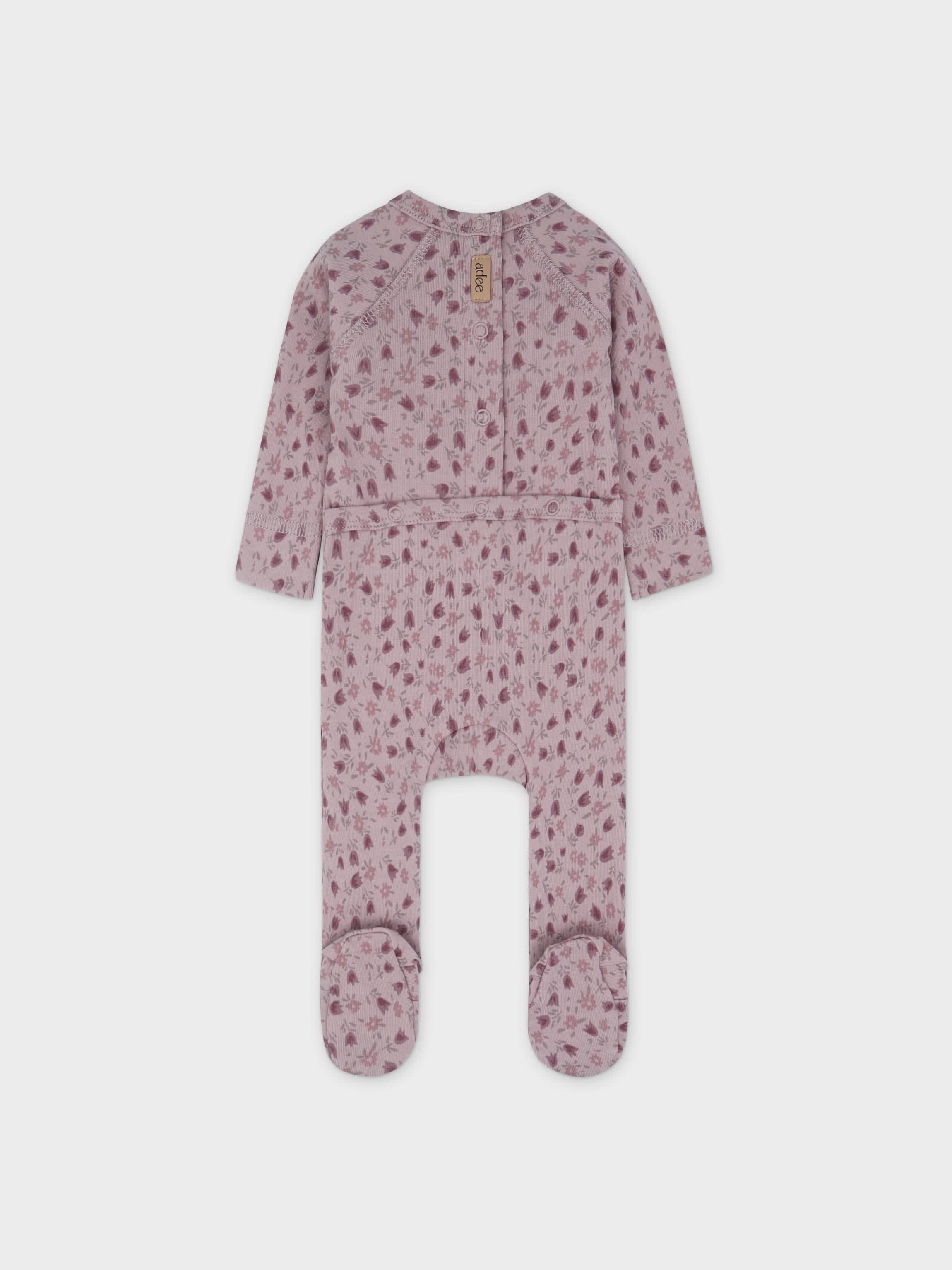 Baby jumpsuit with purple tulip print for girl