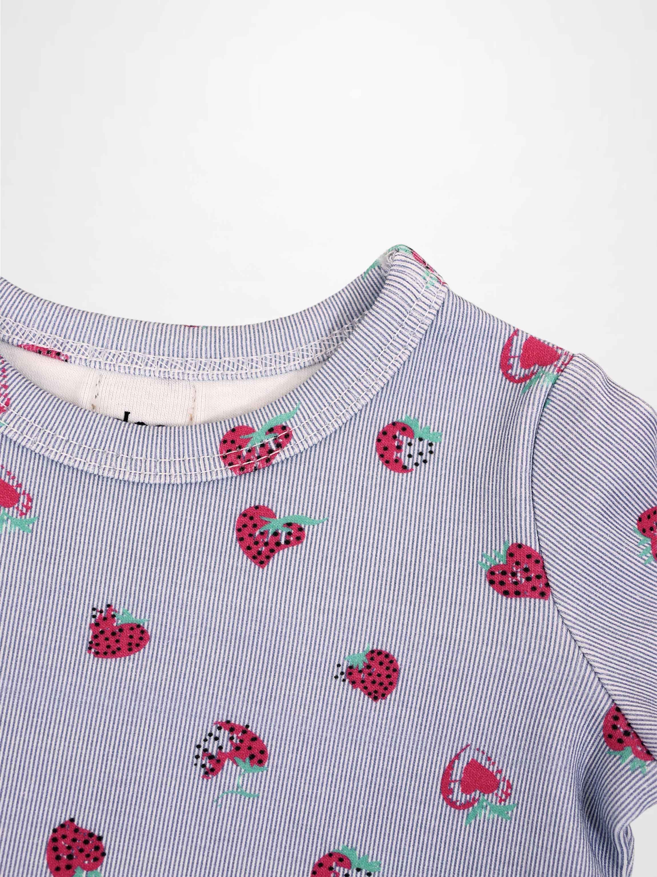 Strawberry Bloomers Set for little girls; lavender striped fabric with pink strawberry print.