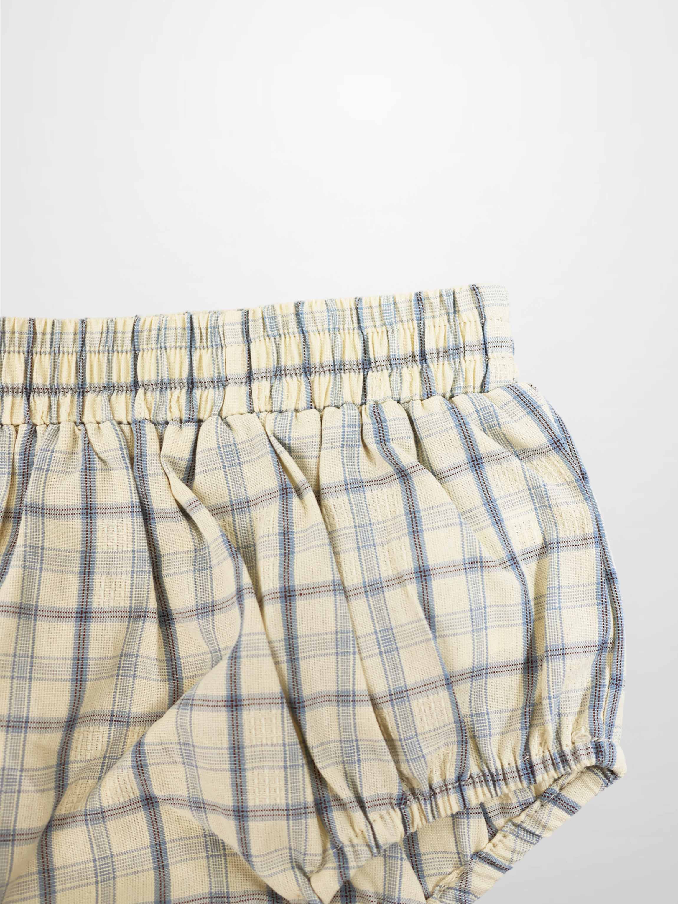 Adee plaid bloomers for boys, beige fabric with blue plaid, elastic waistband