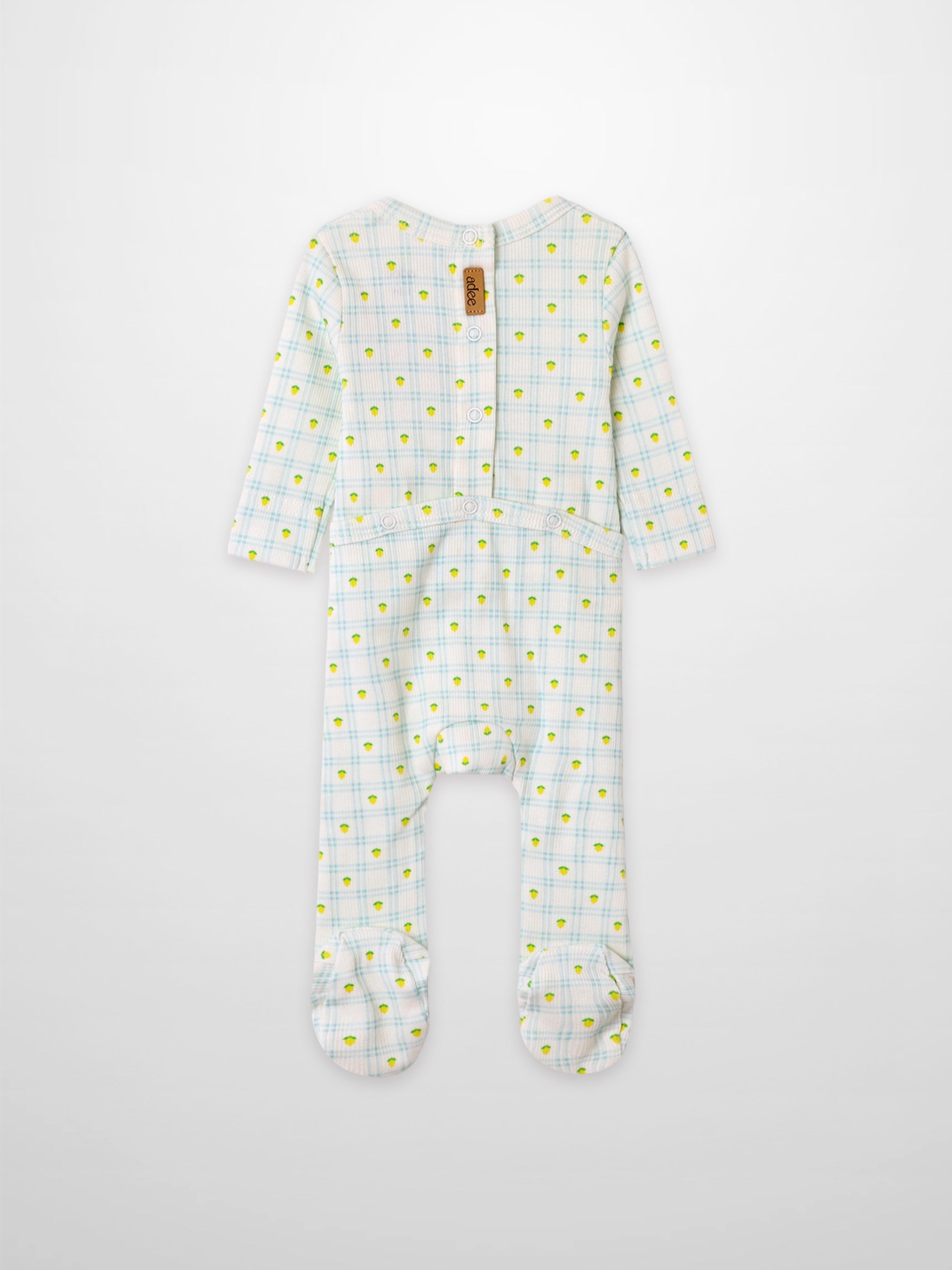Lemon Window Stretchy boys stretchies footed onesie by Adee on crisp white base with light blue plaid and yellow lemons.