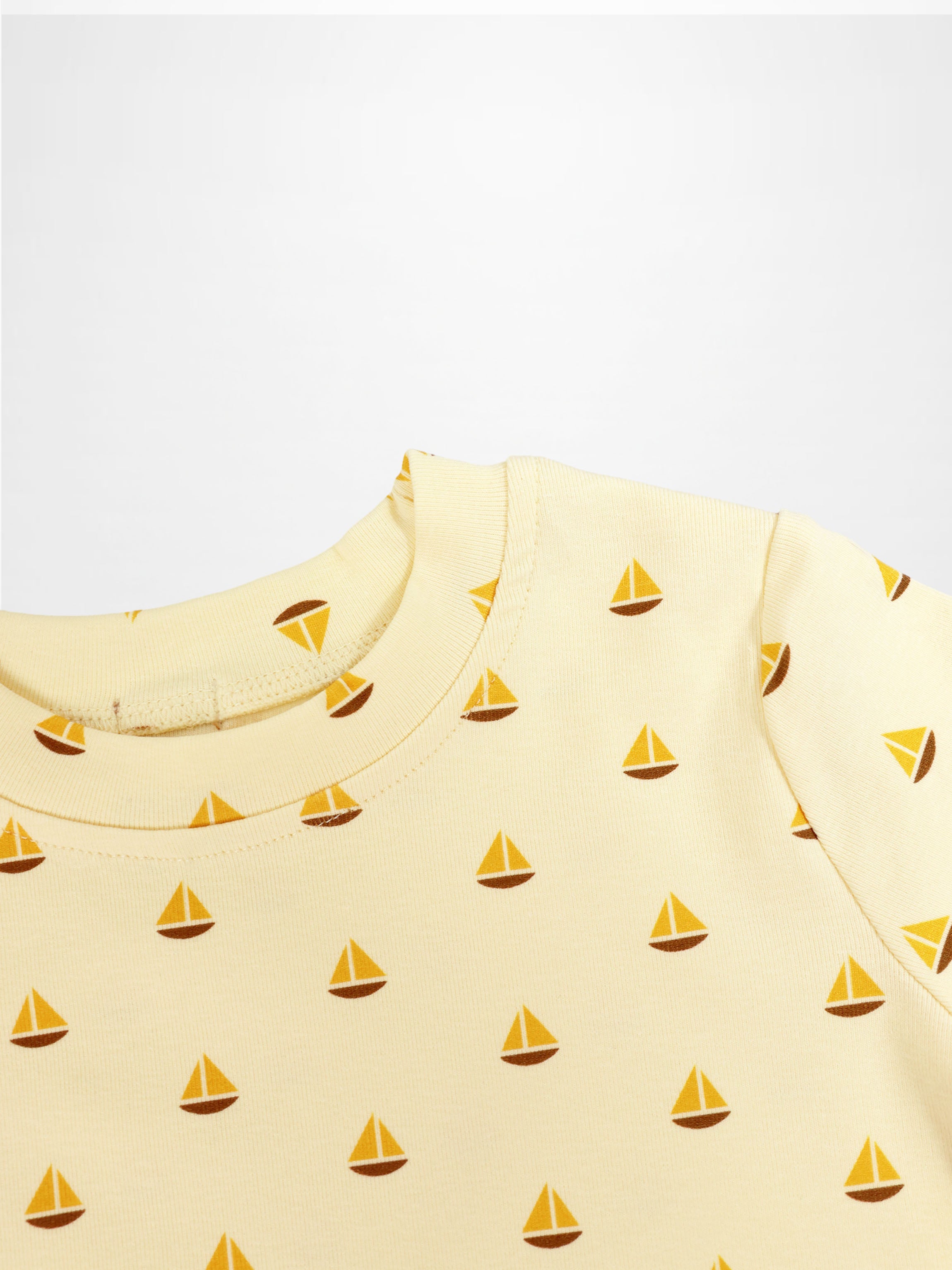 Boat Print Set; pale yellow top for little boys with sailboat pattern.