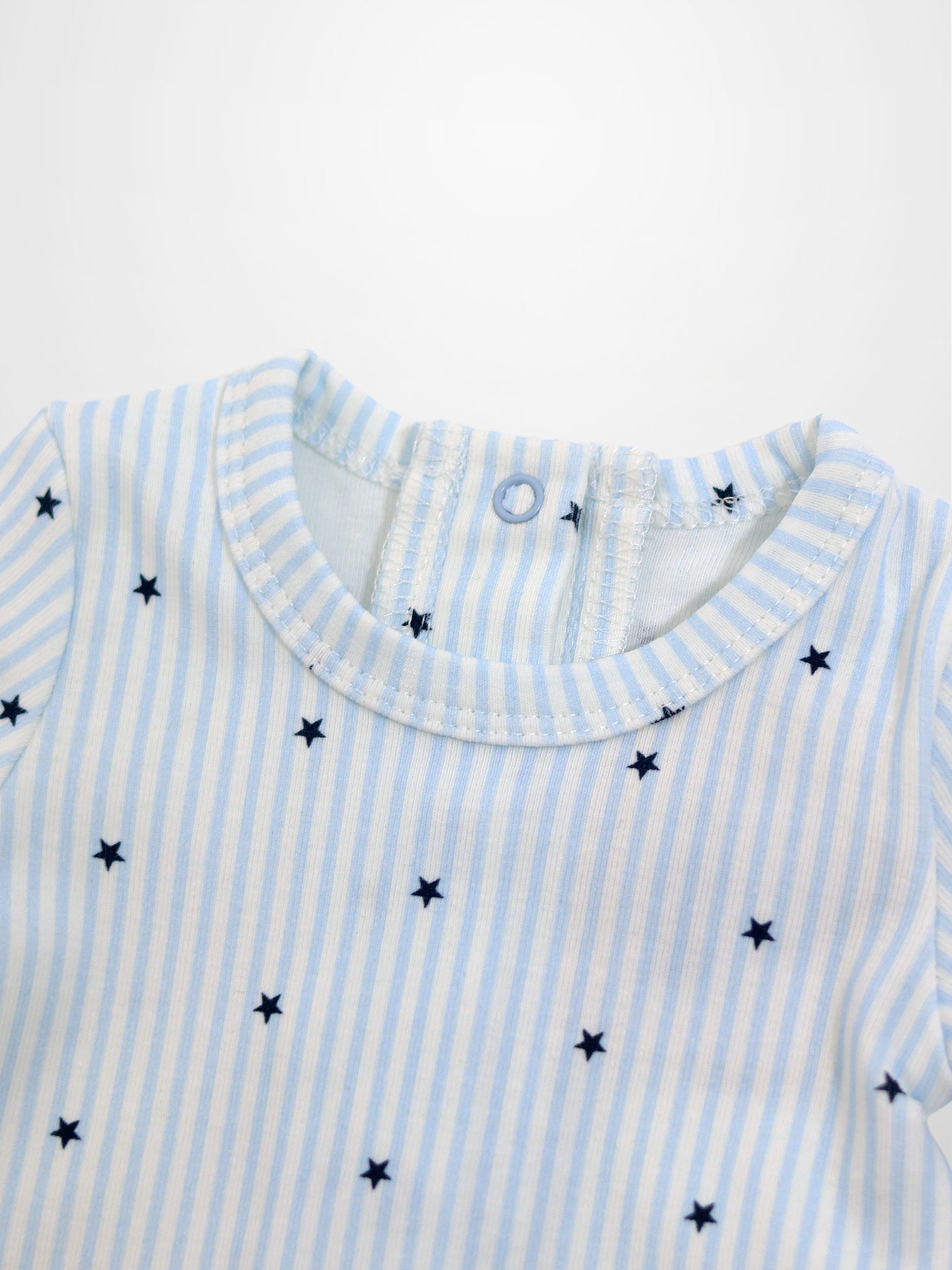Blue Star Stretchy baby jumpsuit footie in light blue stripes with dark-blue stars.
