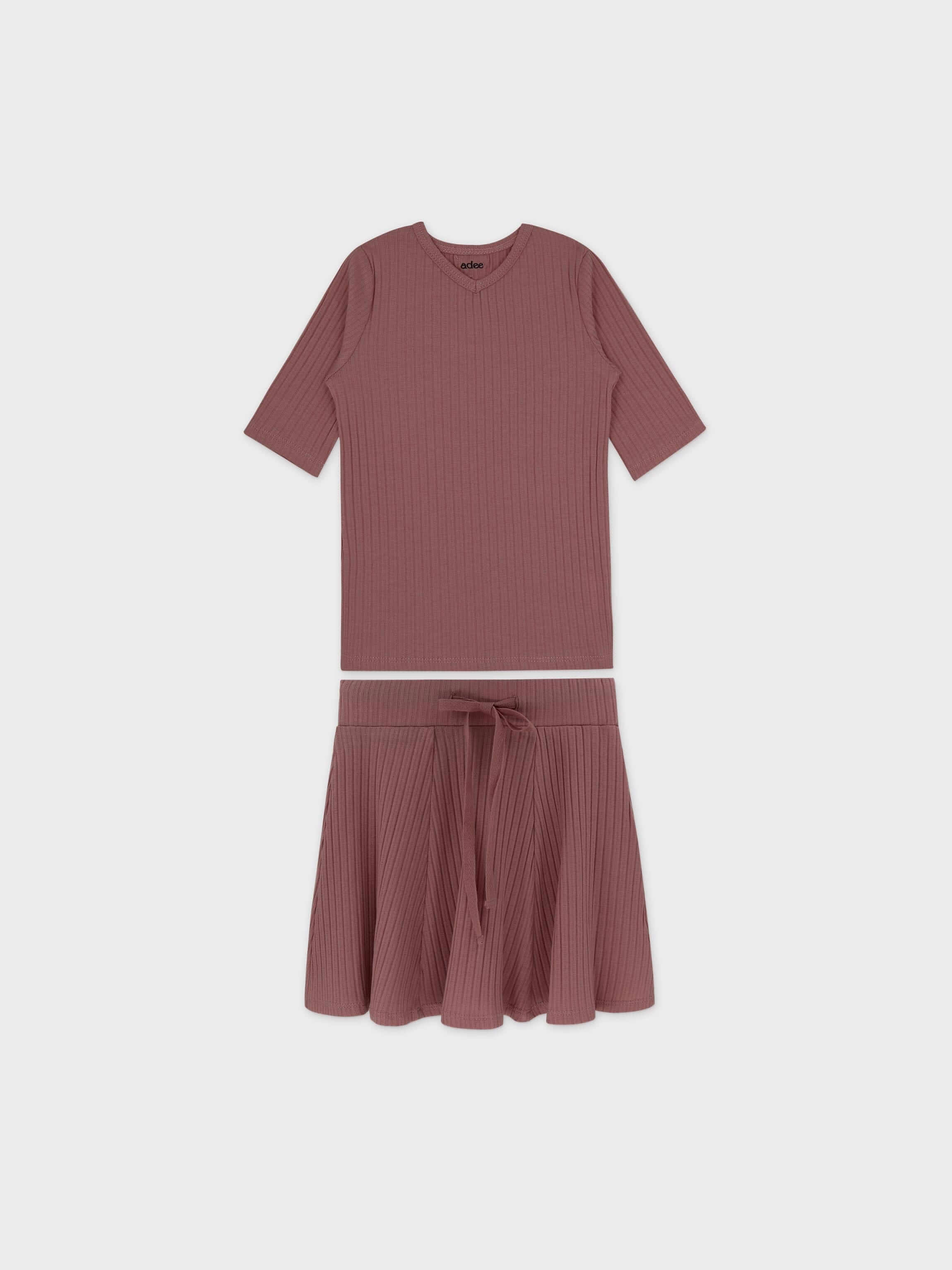 Pointelle V-Neck Short Sleeve Shirt & Skirt-Mauve