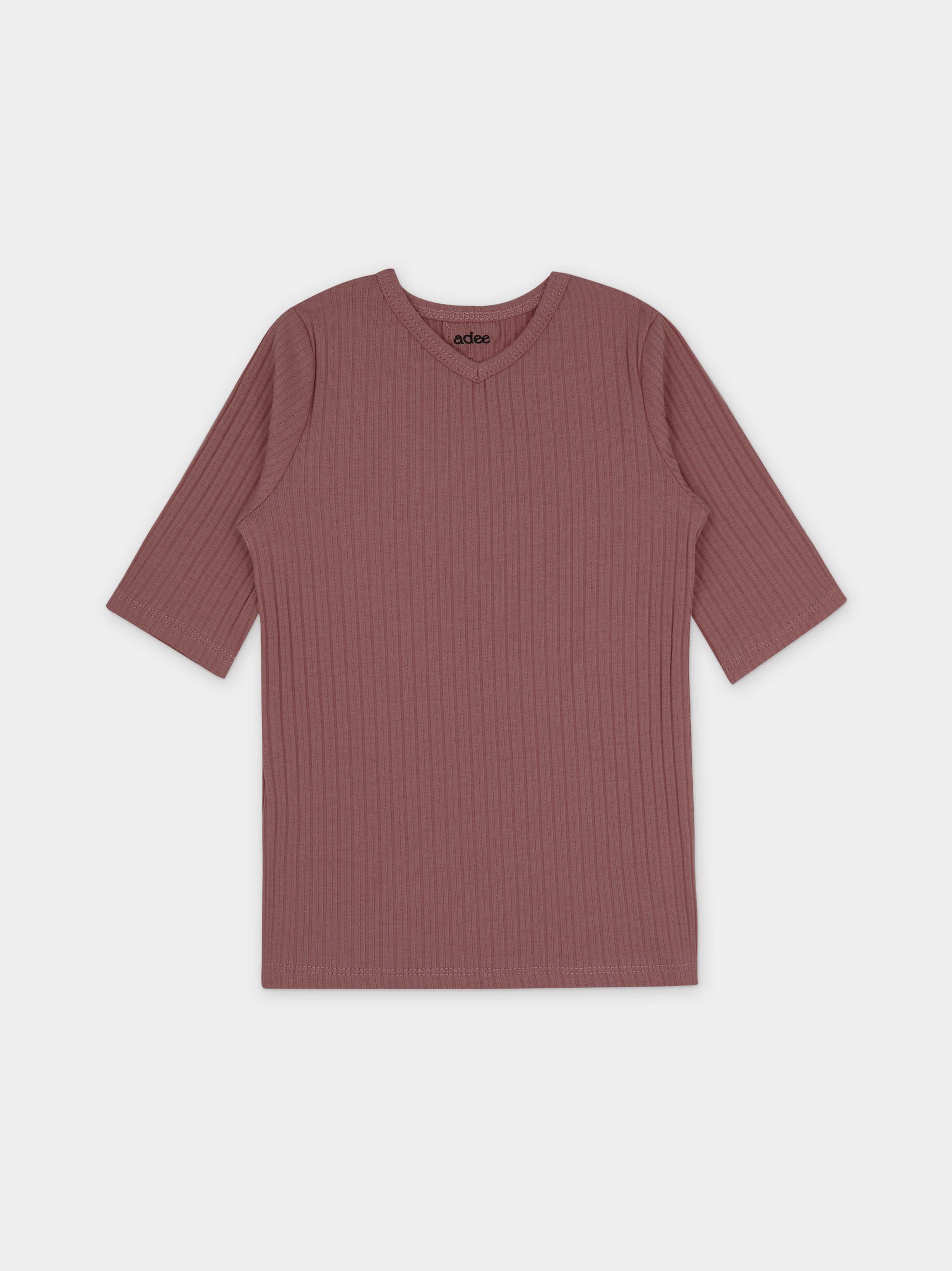 Pointelle V-Neck Short Sleeve Shirt & Skirt-Mauve