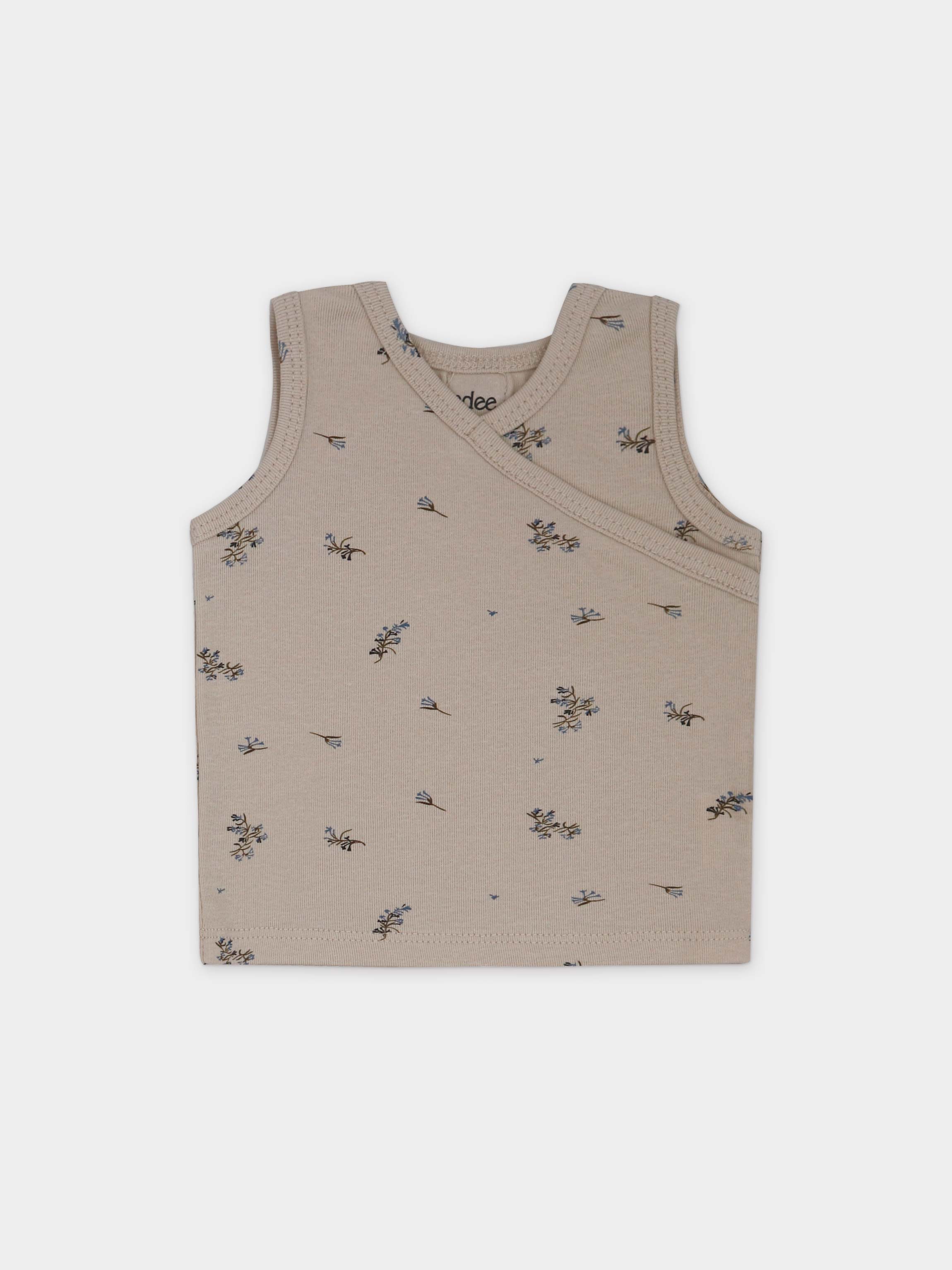 Adee Lilac Crossover Tank Set, beige ribbed sleeveless top with tiny blue florals.