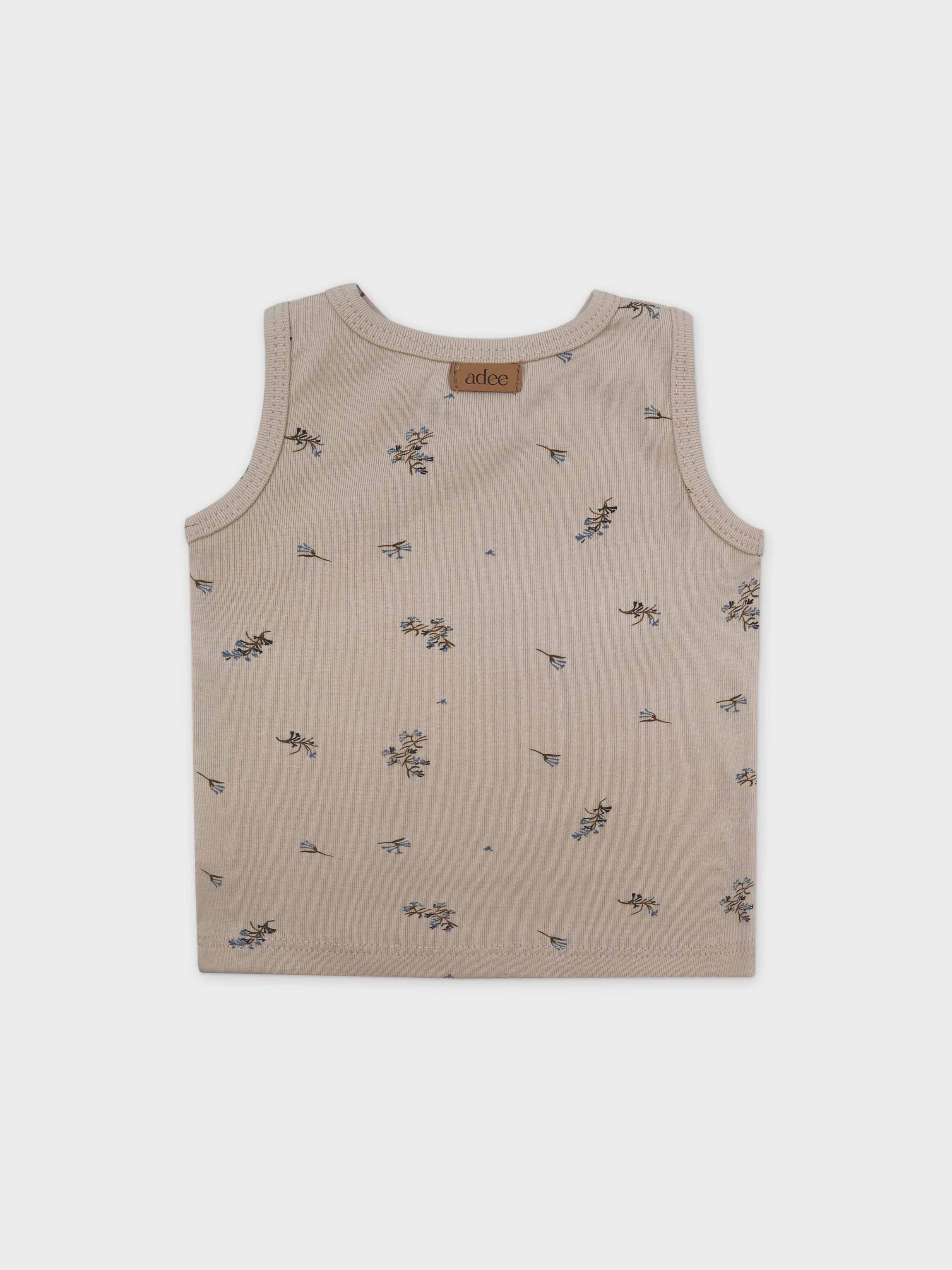 Adee little boys tank top; beige sleeveless ribbed tee with small blue floral prints.