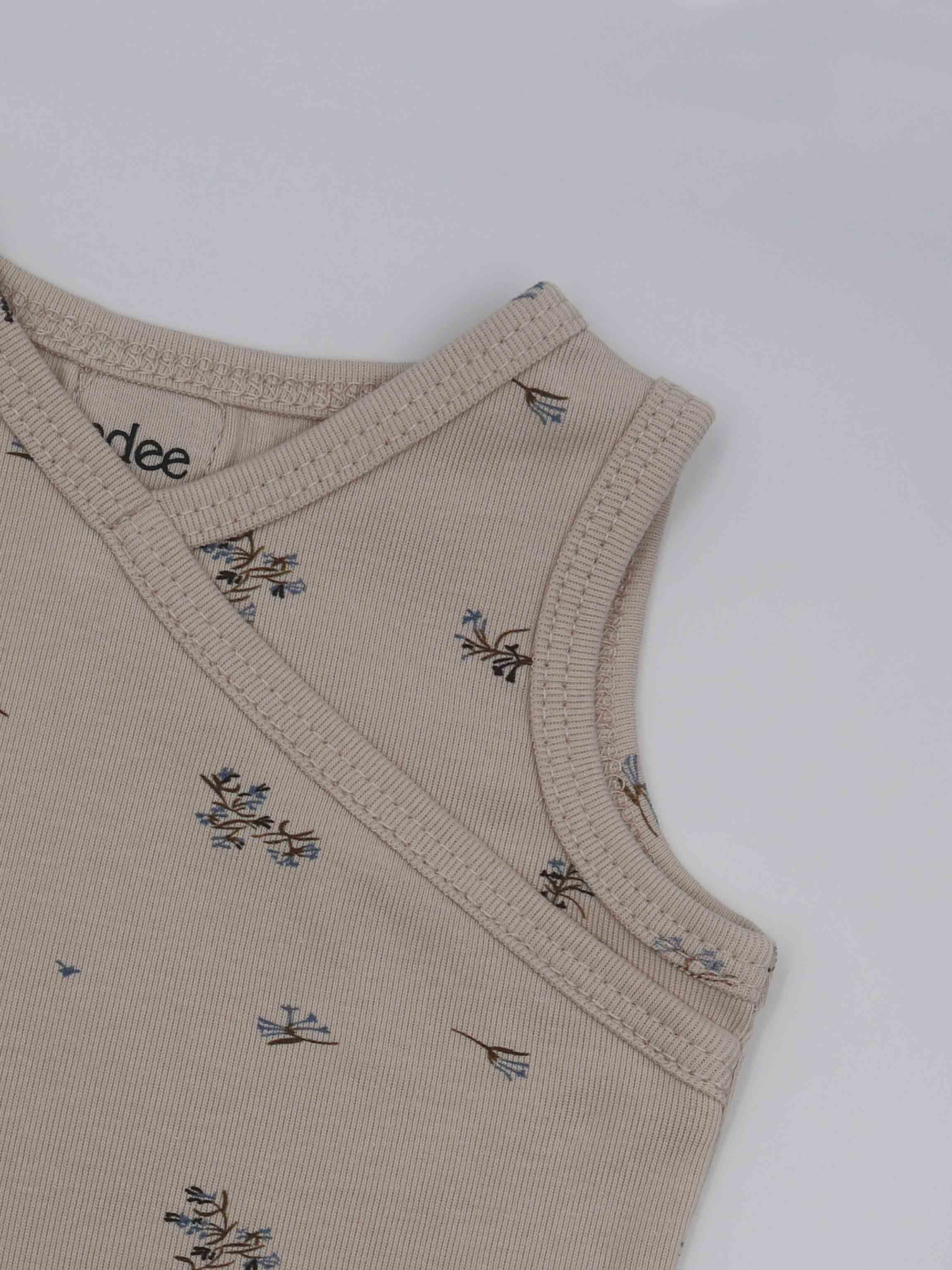 Adee Lilac crossover tank set for little boys; beige sleeveless top with tiny blue floral print