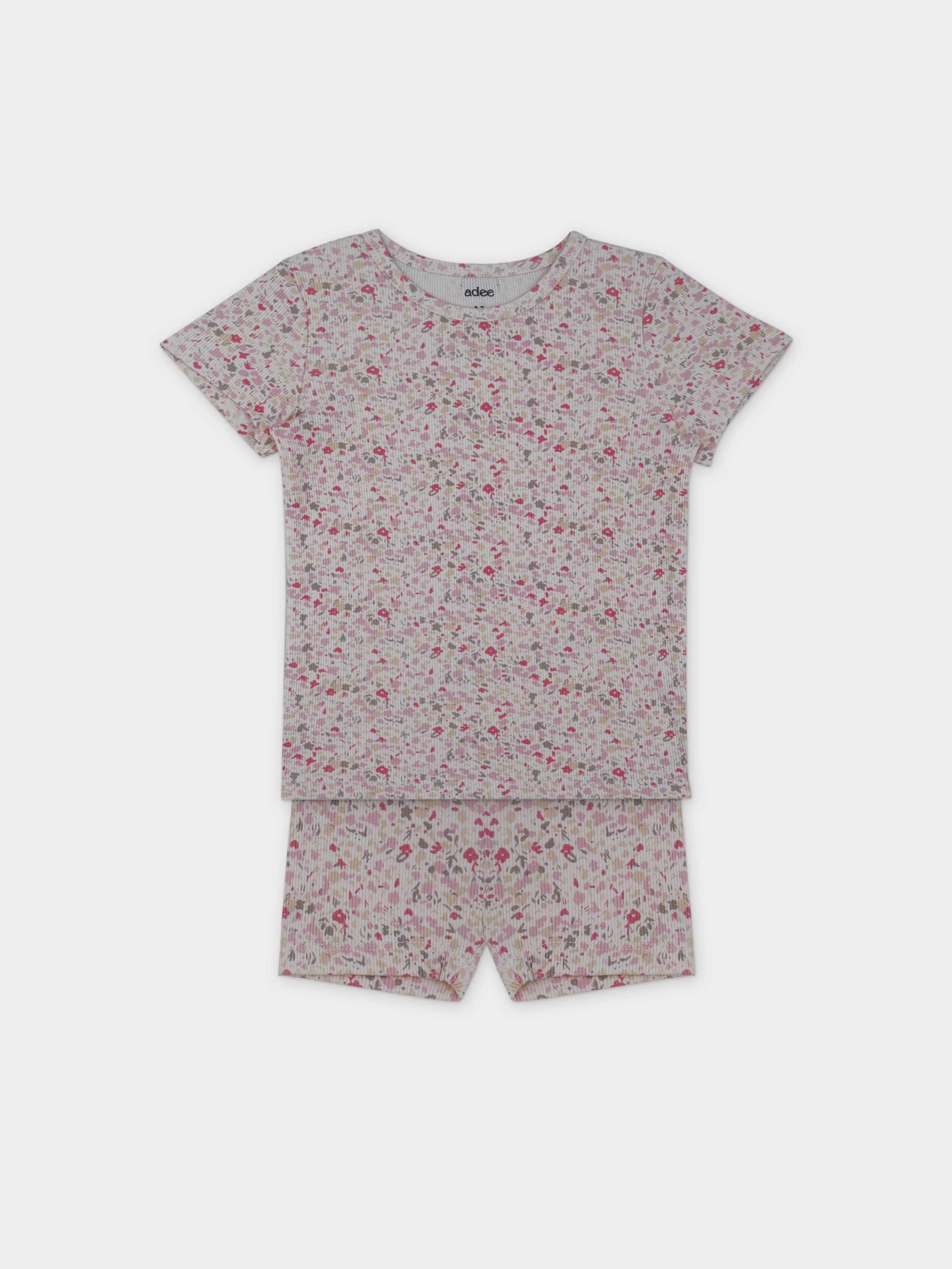 Water Color Short Set-Pink by Adee for little girls; pink floral print two-piece tee and shorts.