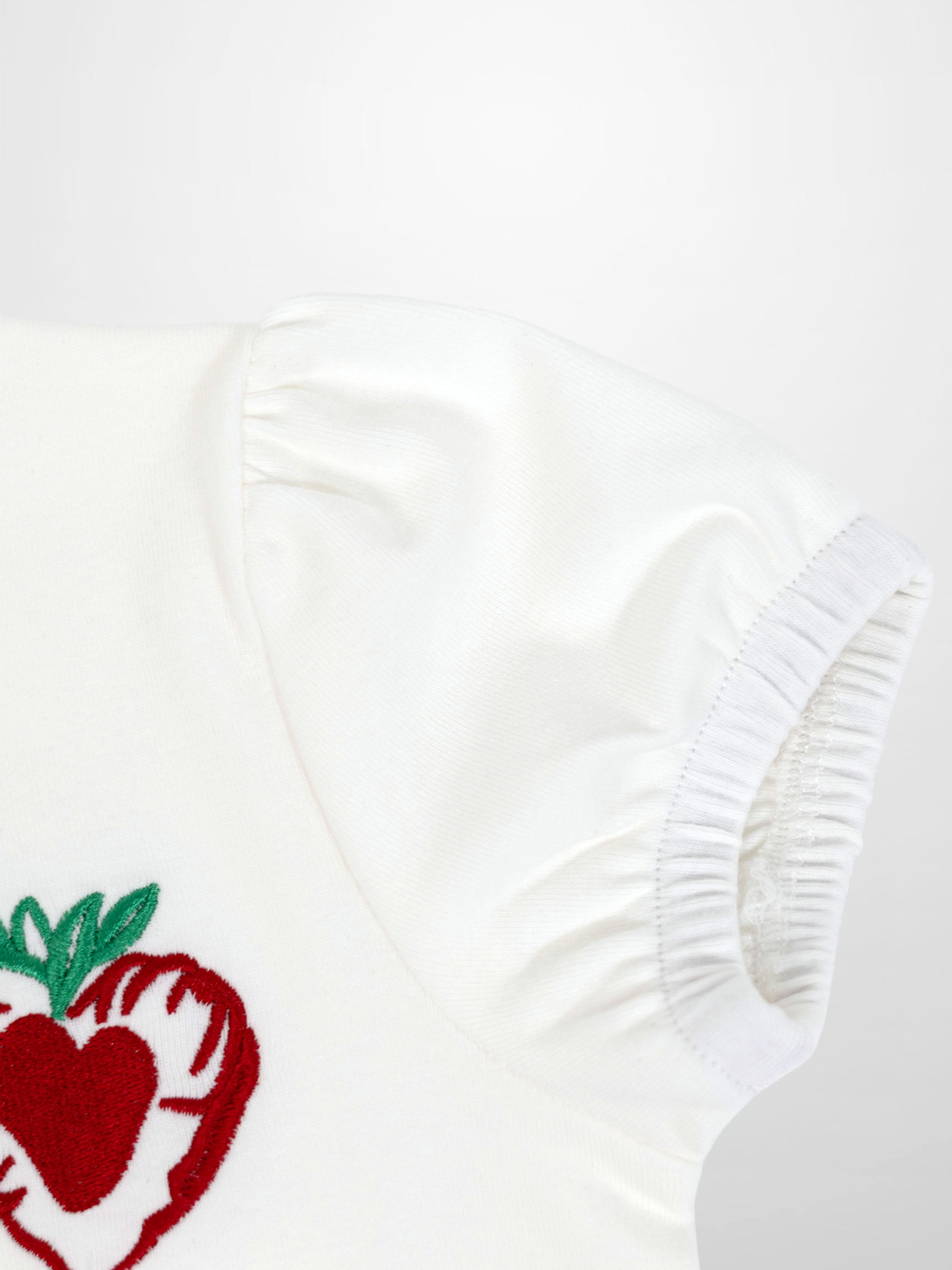 Embroidered Strawberry Short Puff Sleeve T-shirt for girls by Adee, white with strawberry embroidery.
