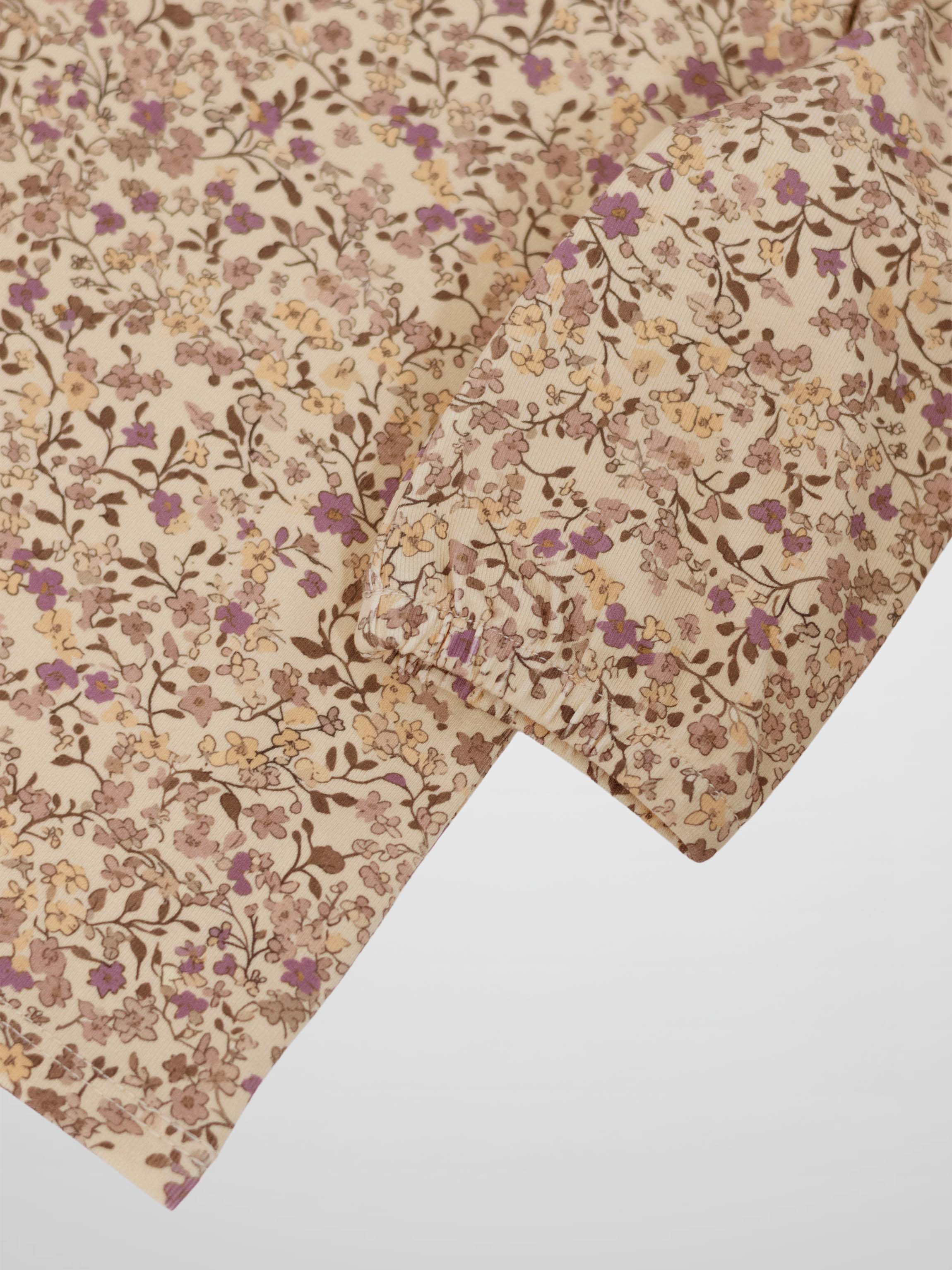 Purple Flower 3/4 Sleeve Shirt for girls, beige floral print with purple/yellow flowers.
