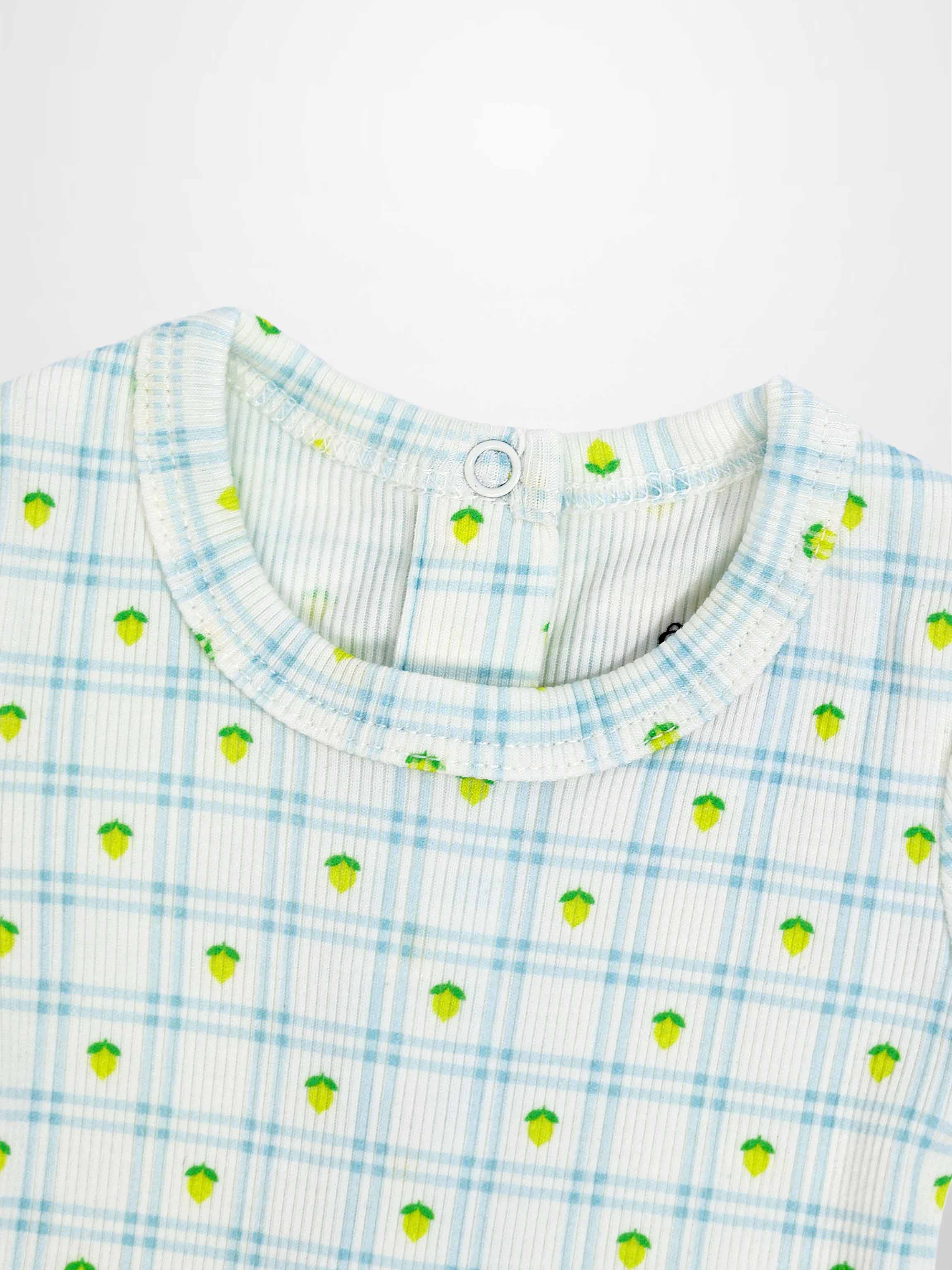 Lemon Window Stretchy boys top; crisp white base with light blue plaid and small lemon motifs.