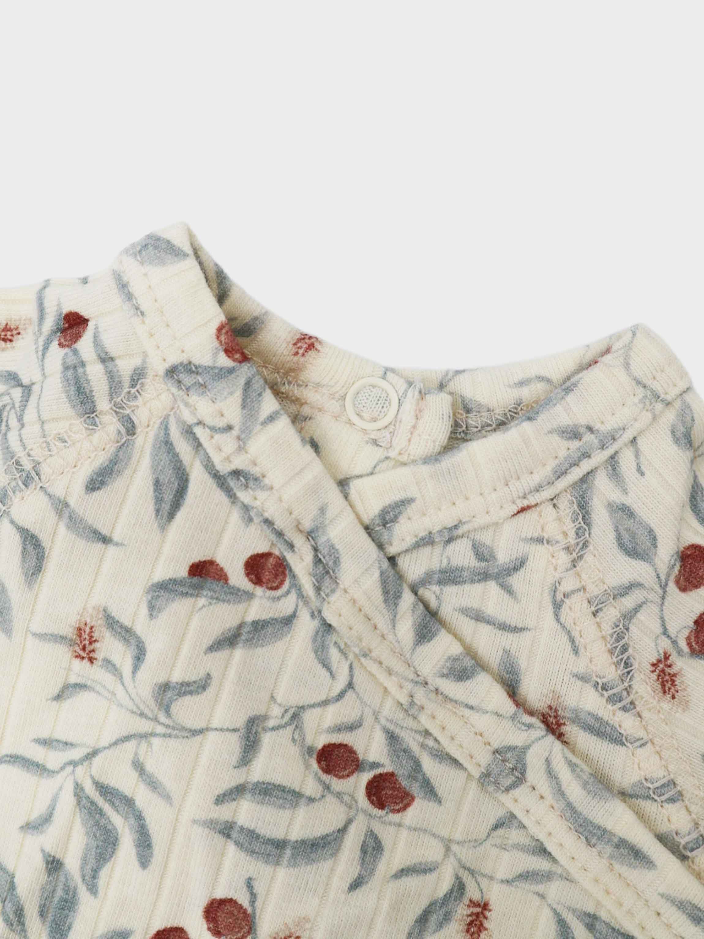 Olive Branch Stretchy & Bonnet; cream fabric with blue-green olive leaves and red berries, white snap.