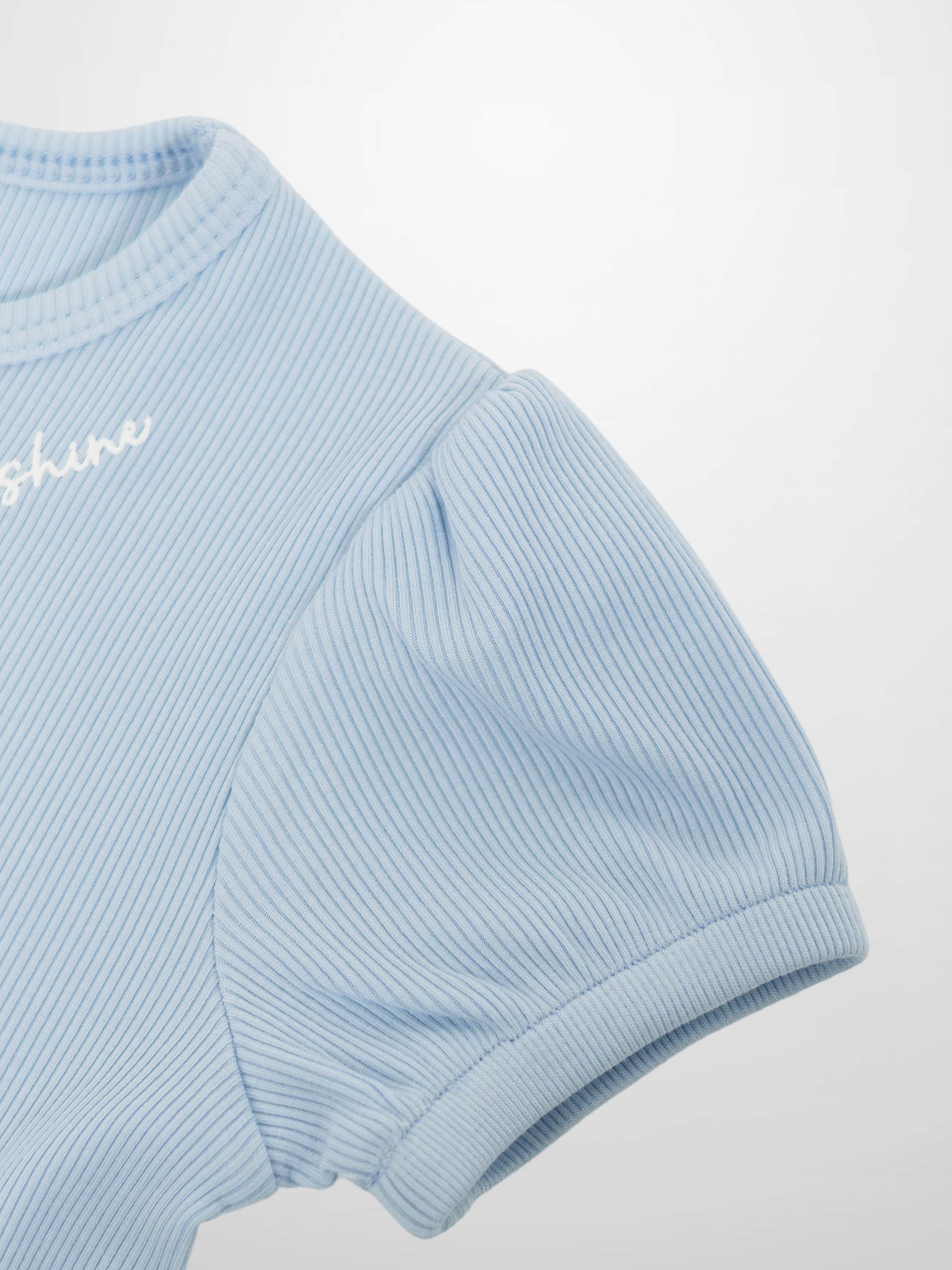 Short Puff Sleeve T-shirt - Light Blue for girls, ribbed knit with rolled cuffs.