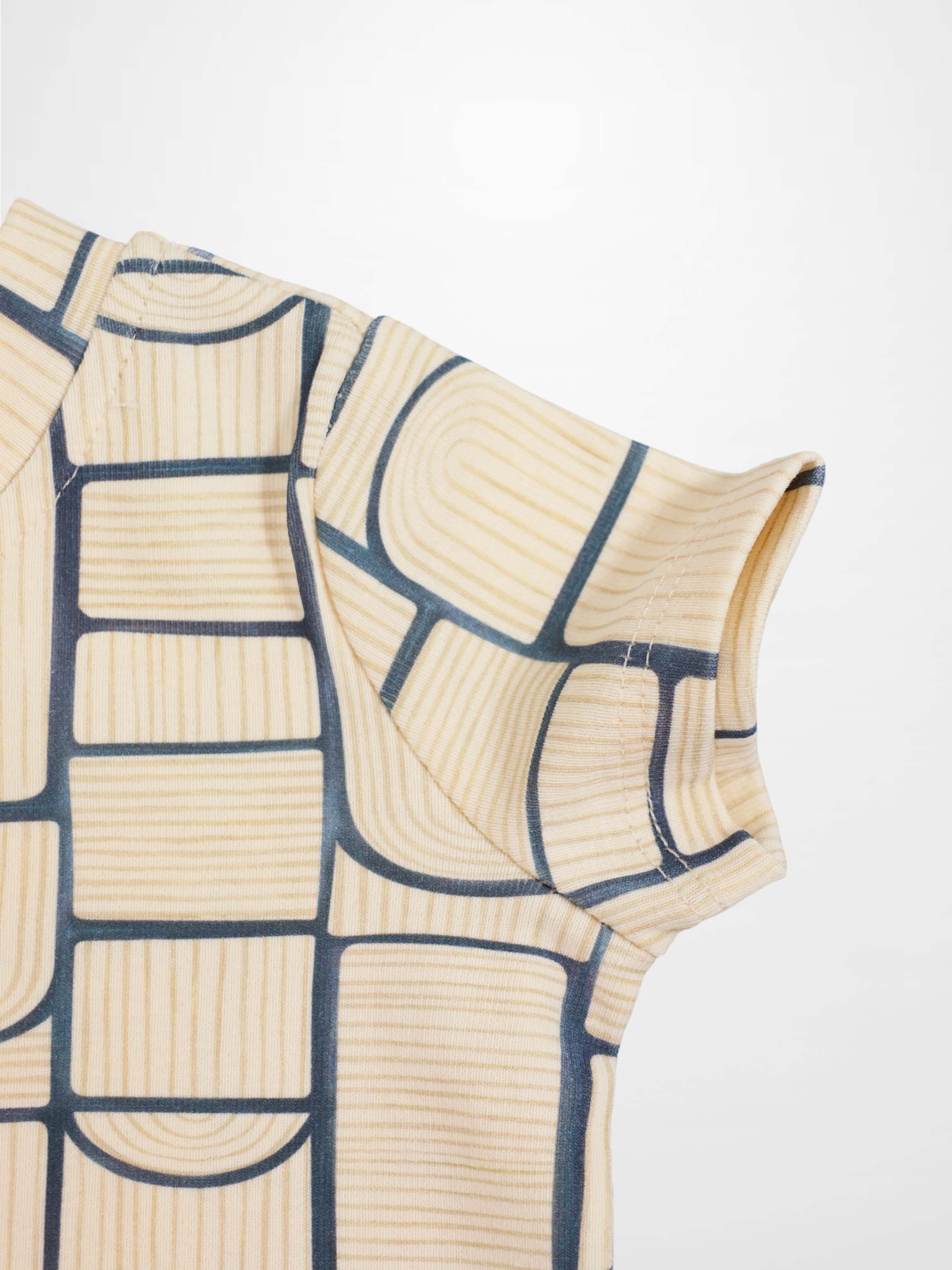 Abstract T-shirt for boys with light-blue geometric blocks on beige fabric, short sleeves
