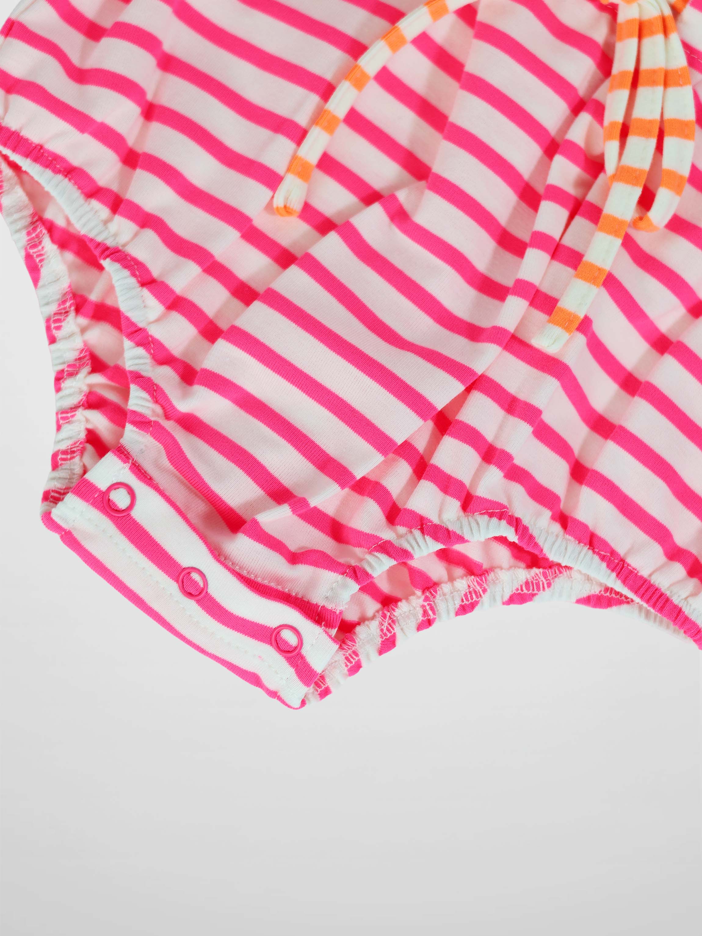 Neon Pink Striped Romper by Adee for girls with orange-striped drawstring and snap leg closures