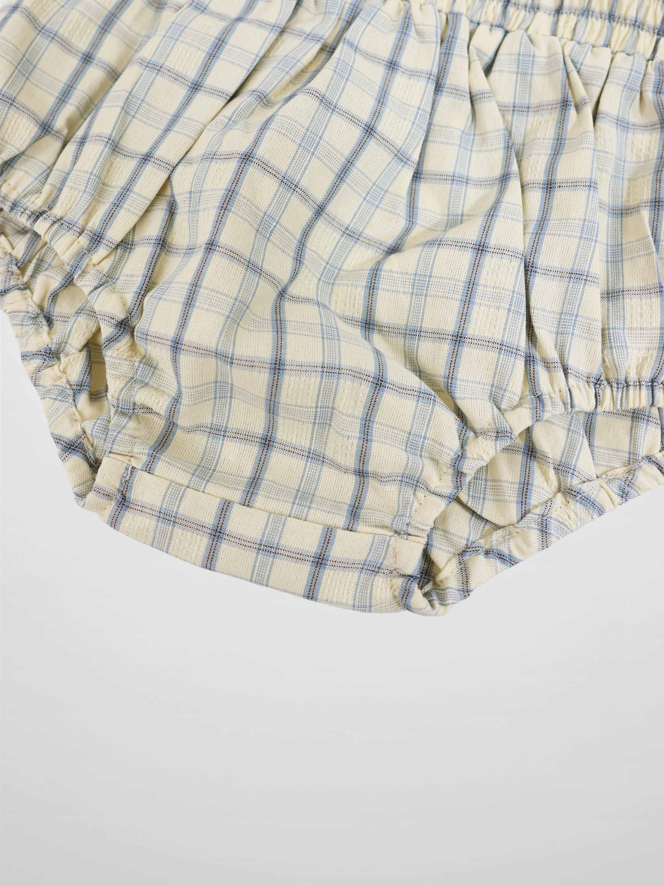 Plaid bloomers for boys, beige and light blue plaid fabric with elastic waist and leg openings
