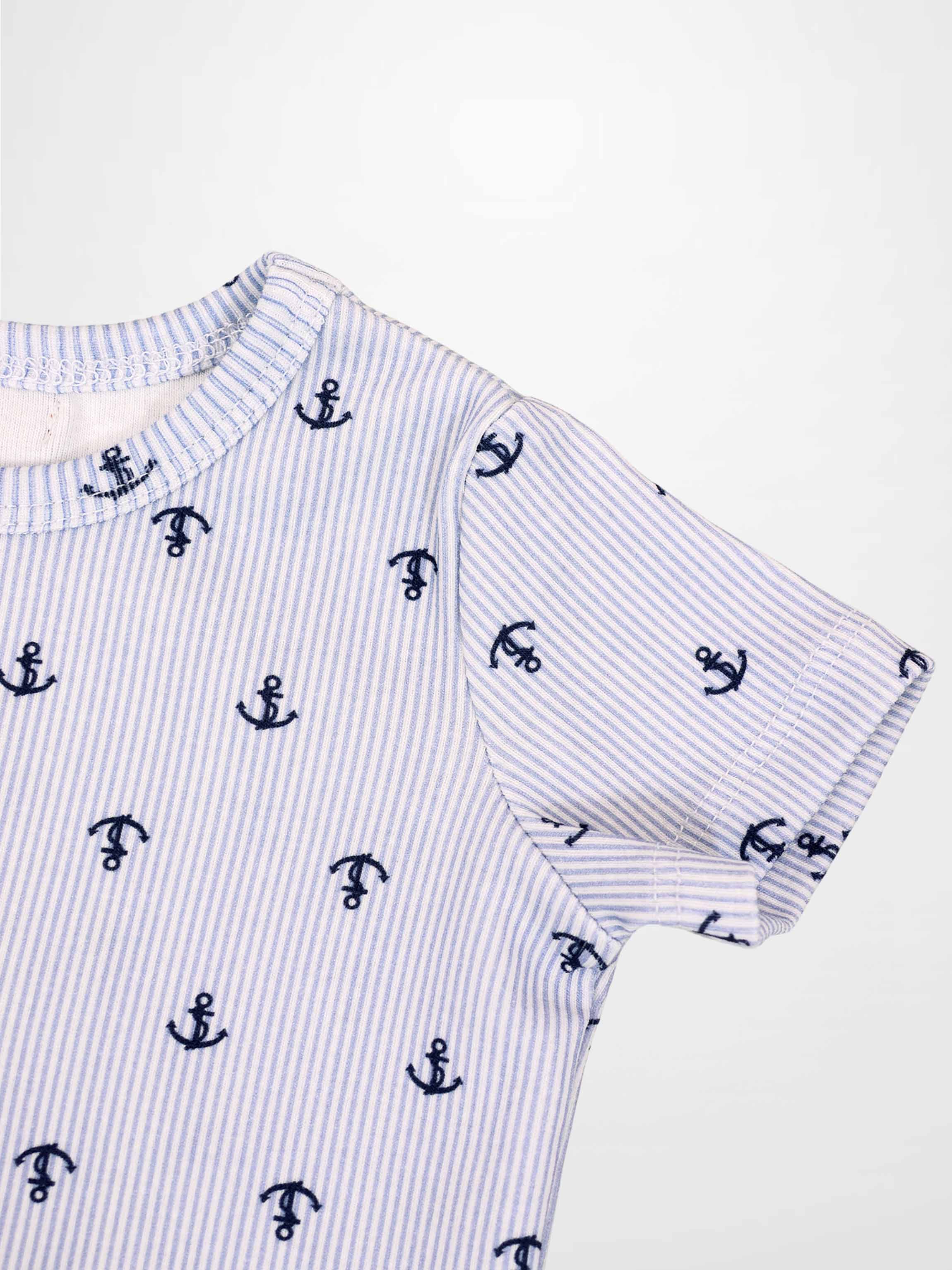 Anchor Set - Blue little boys short-sleeve shirt with navy anchor prints on light blue striped fabric