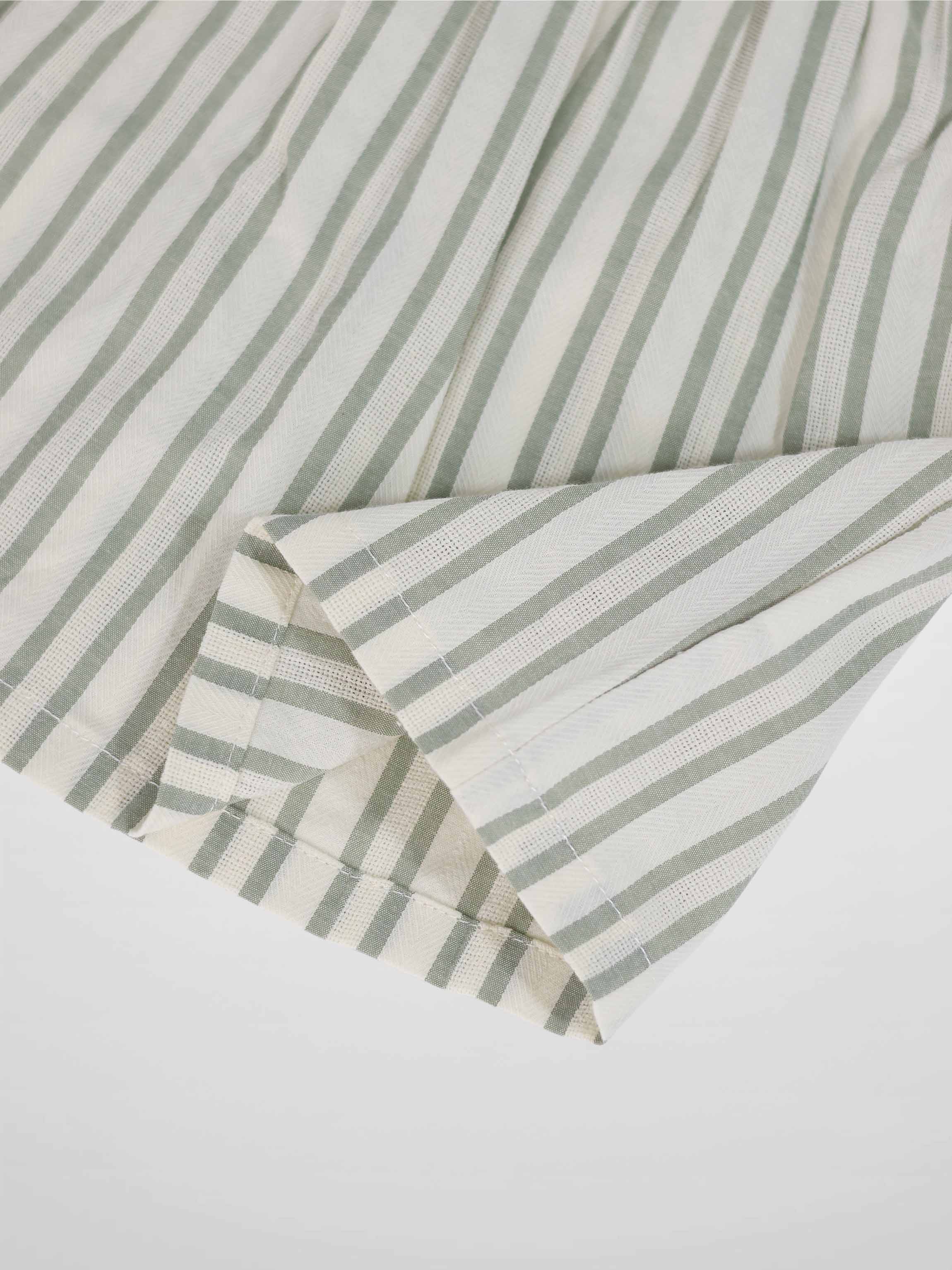 Green striped dress for girls, dressy style with pale gray-green stripes.