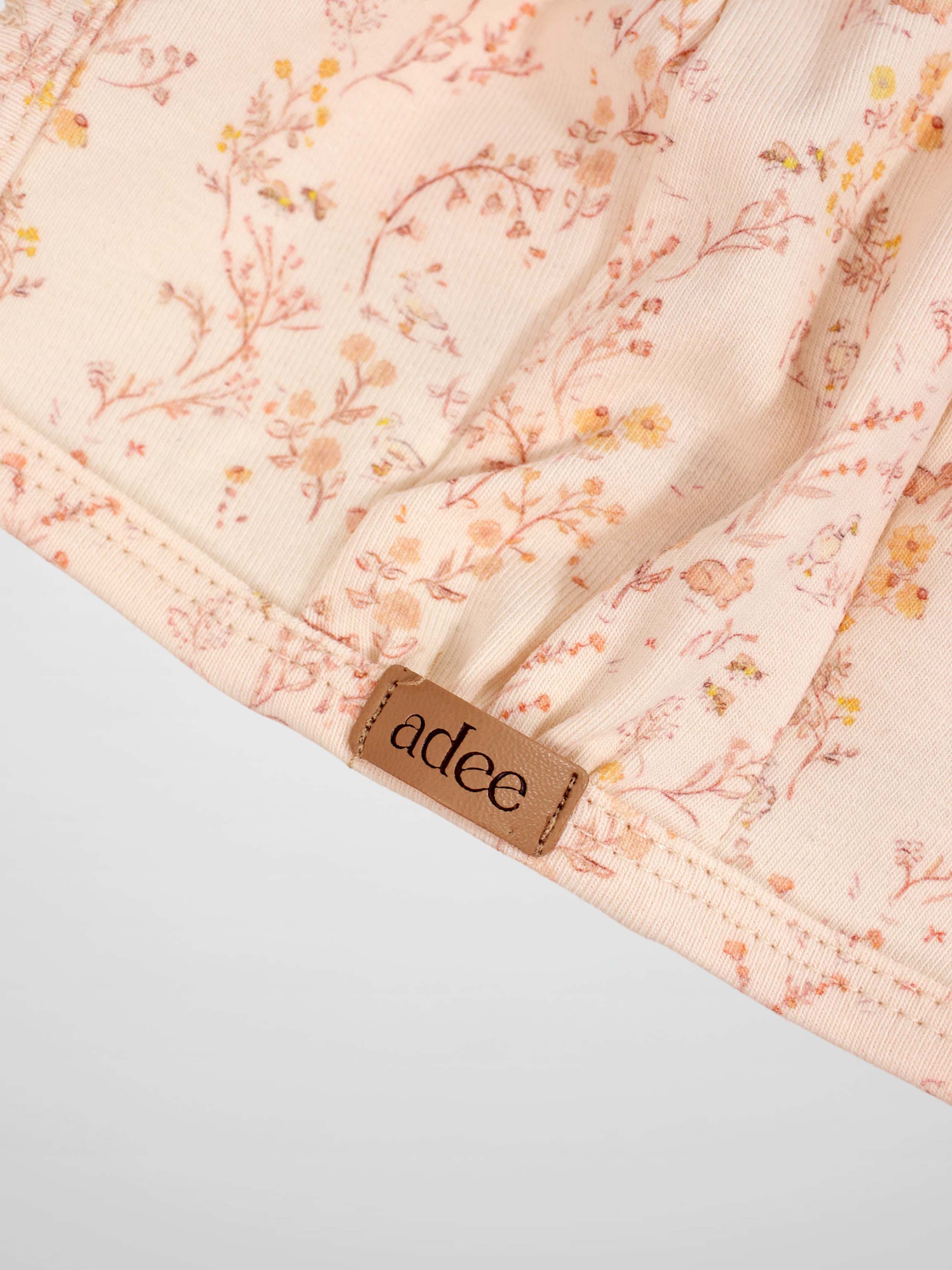 Sweet Meadow Bonnet in pink floral fabric with Adee label for girls