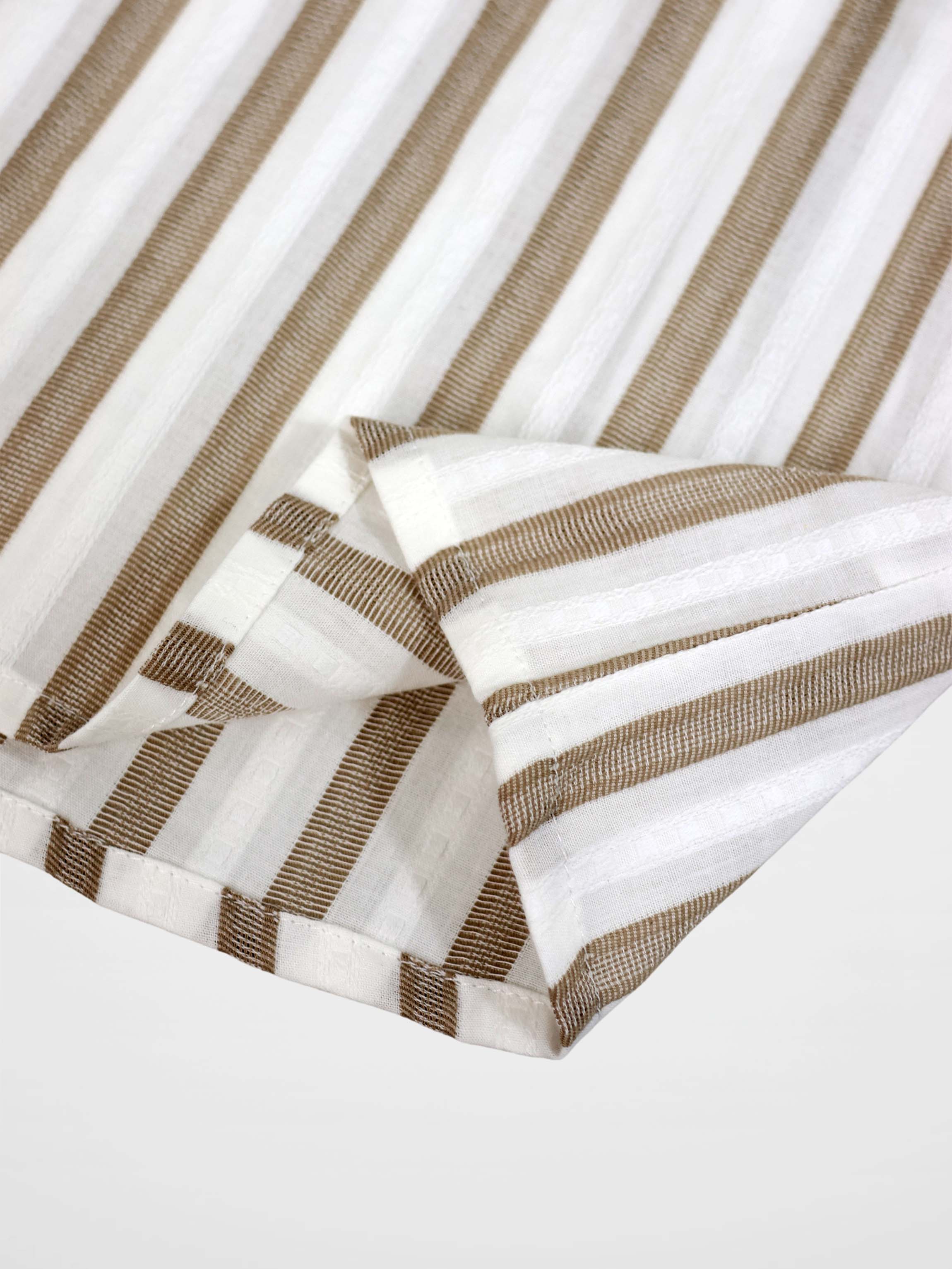 Tan and white striped shirt for boys, dressy top with cuff detail.