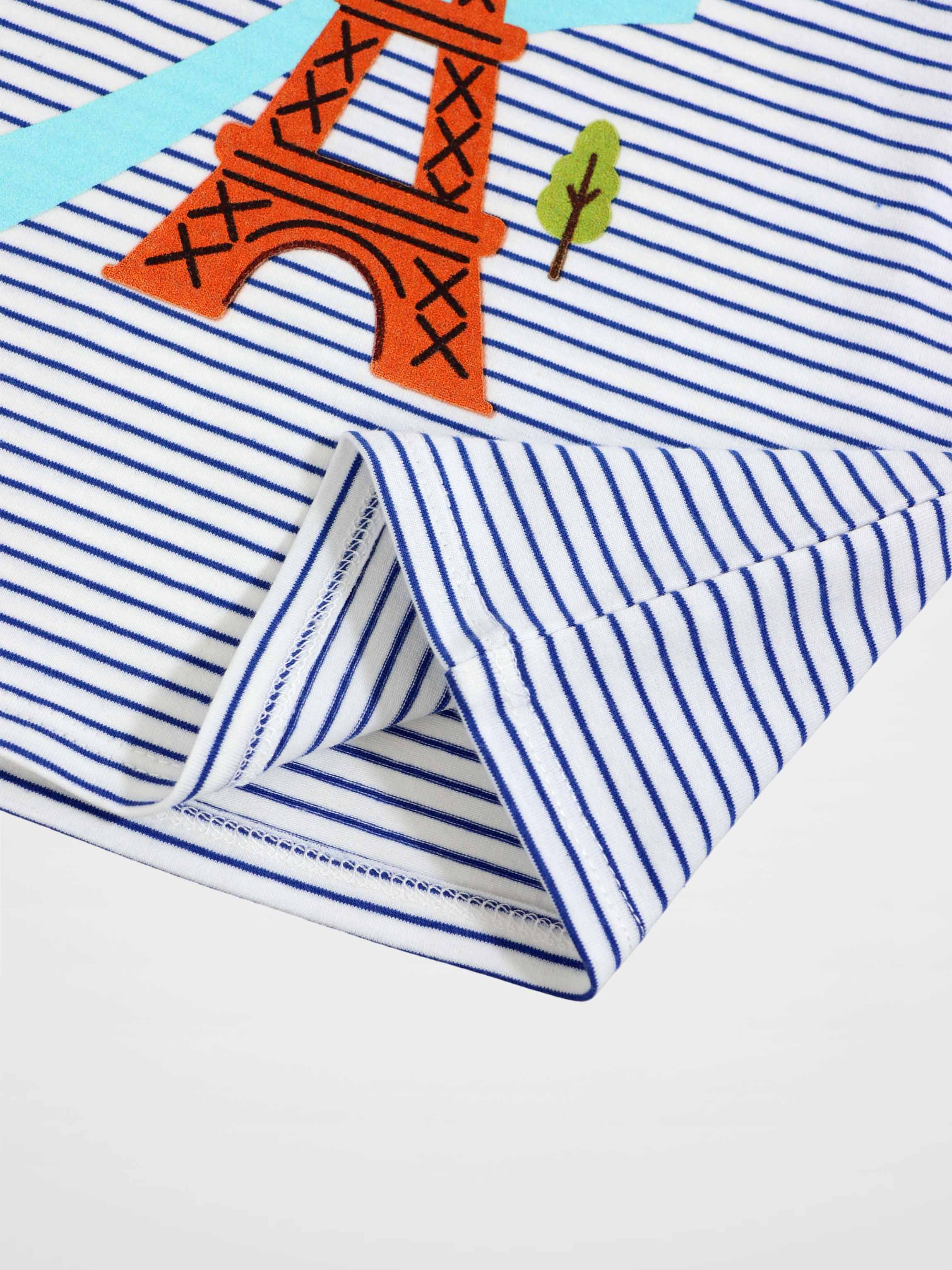 Eiffel Tower Bloomers & Tank Set for little boys, Adee, blue and white striped fabric with orange Eiffel Tower graphic