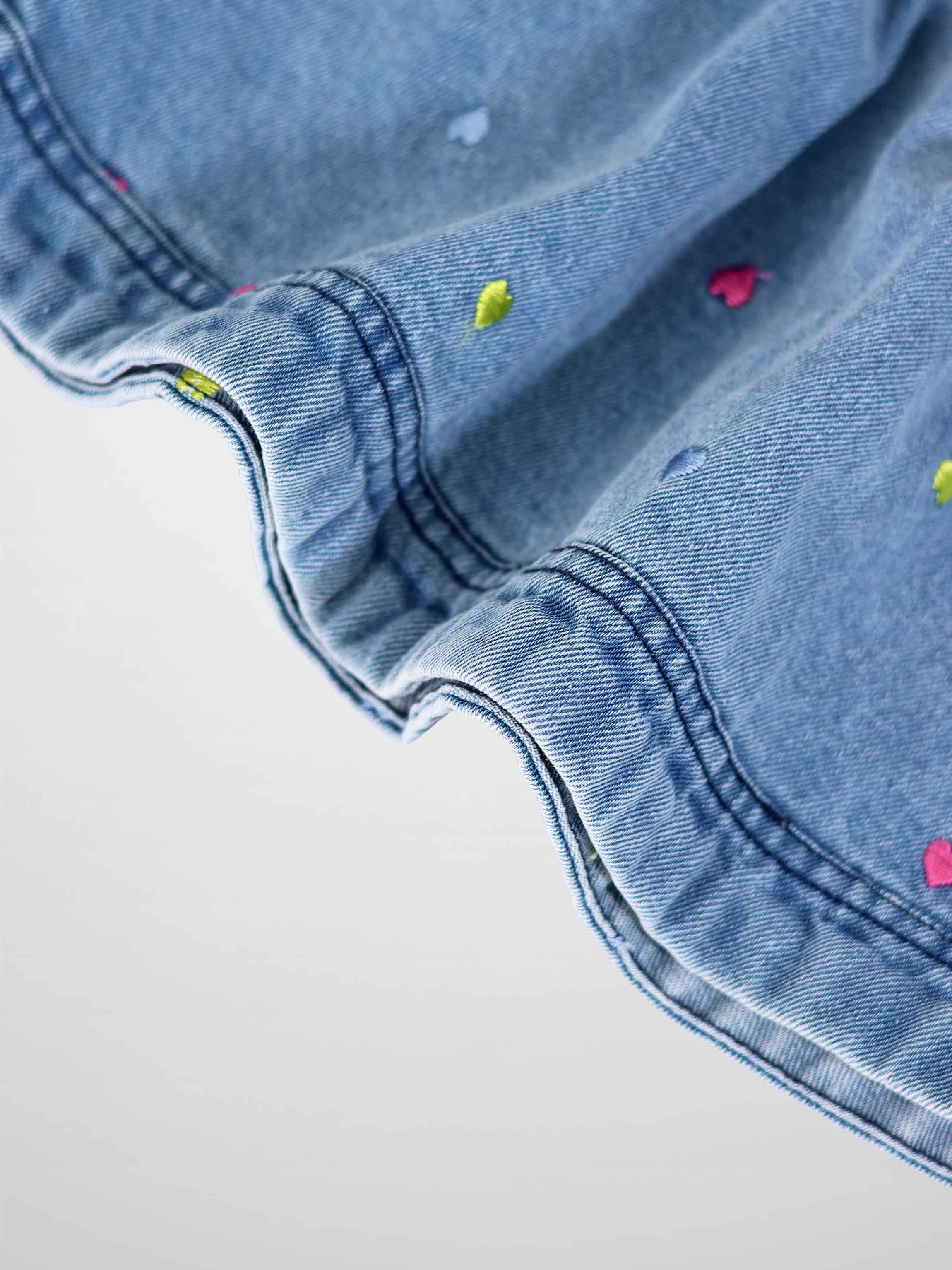 Embroidered Heart Denim Skirt for girls in blue denim with multicolor heart accents